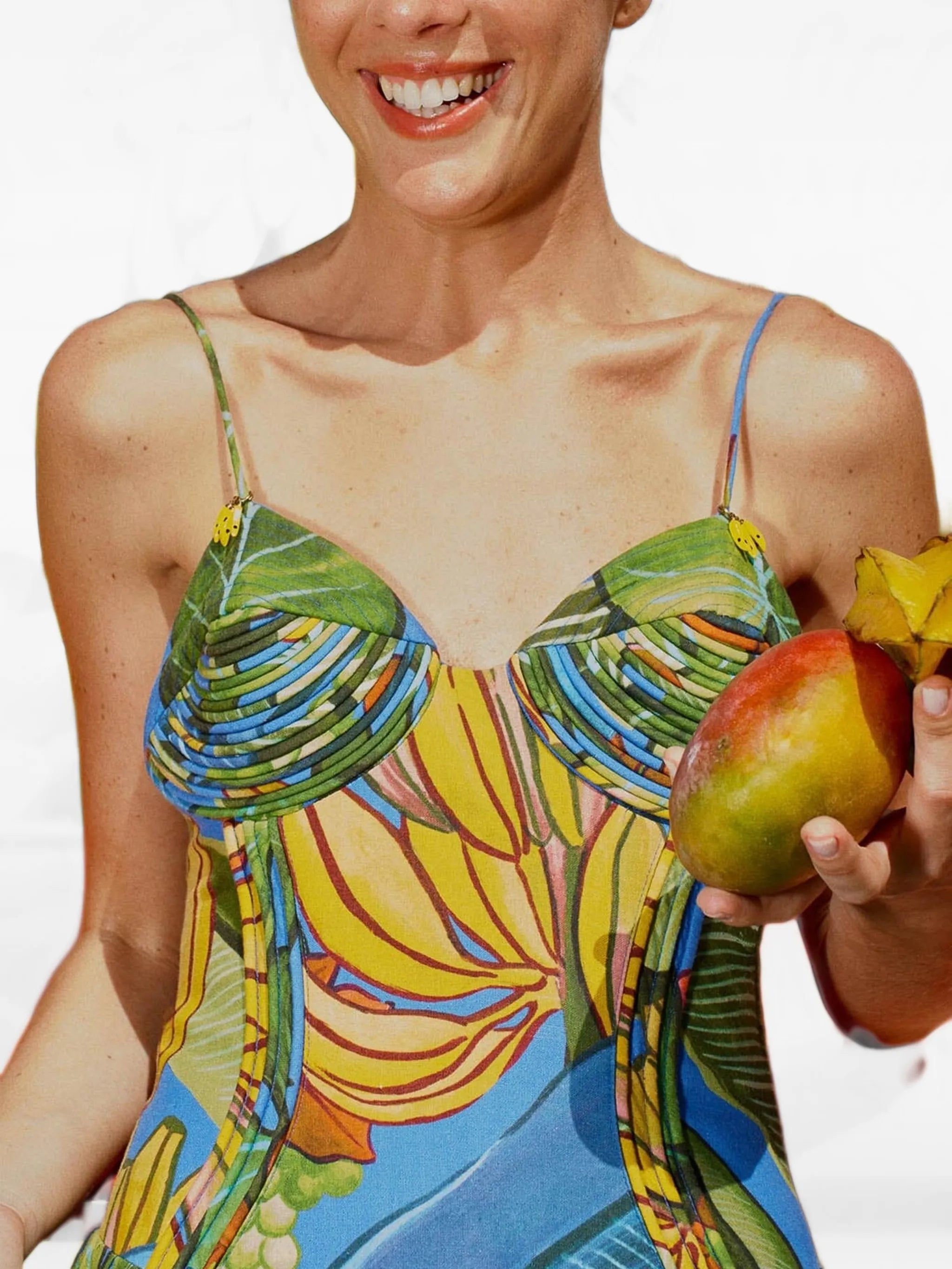 blue banana grapes 3d bodice sleeveless maxi dress