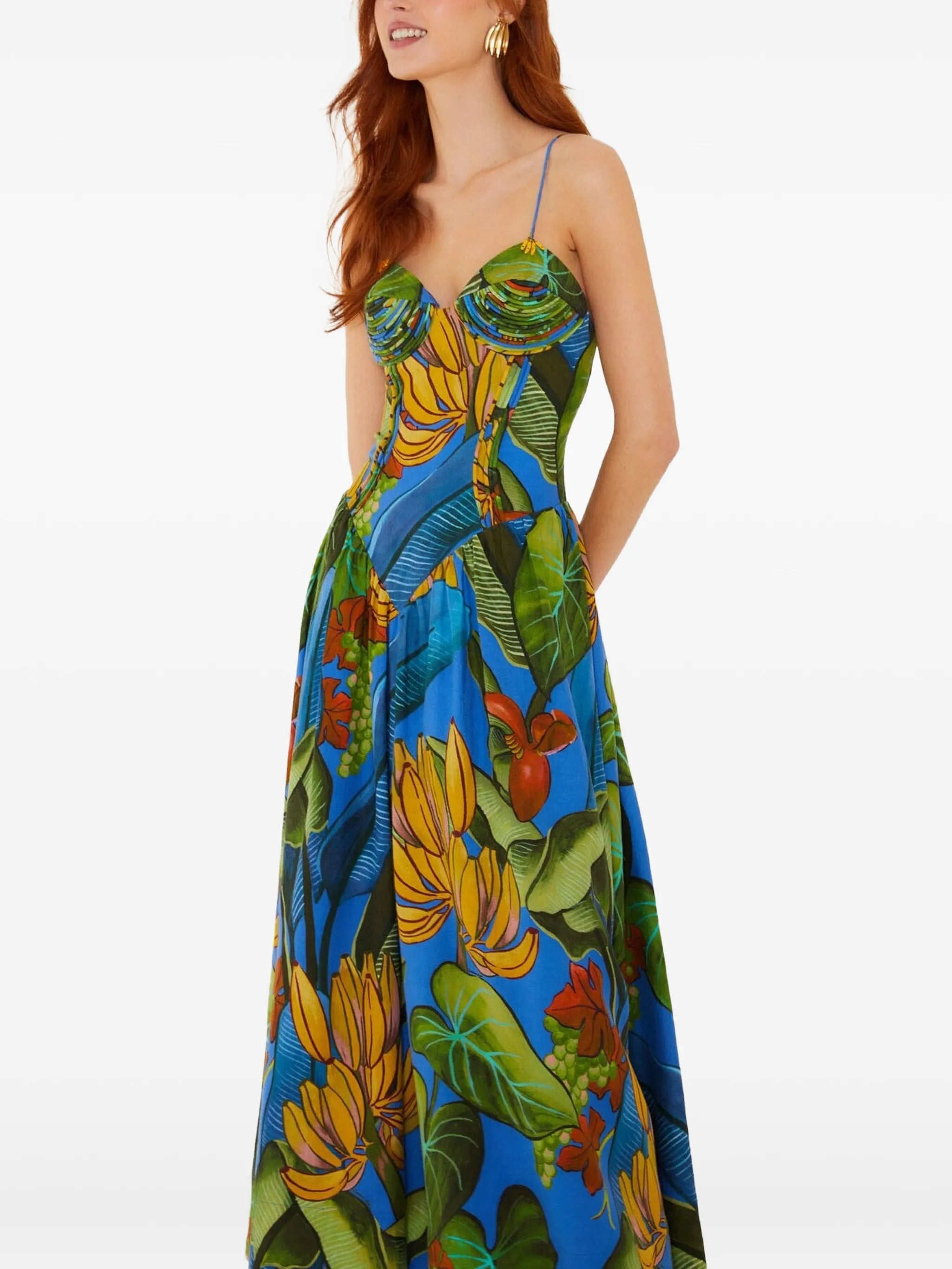 blue banana grapes 3d bodice sleeveless maxi dress