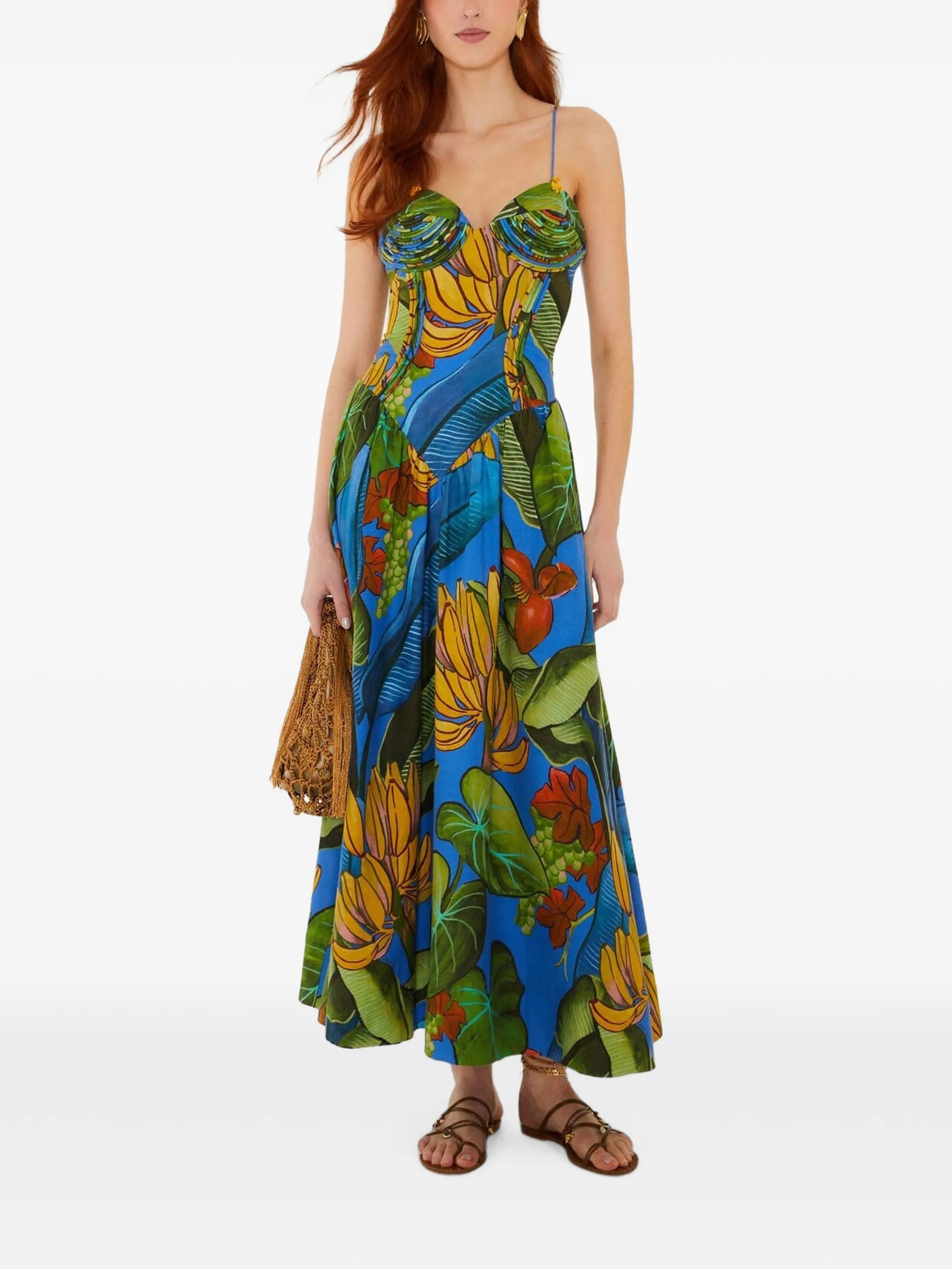blue banana grapes 3d bodice sleeveless maxi dress