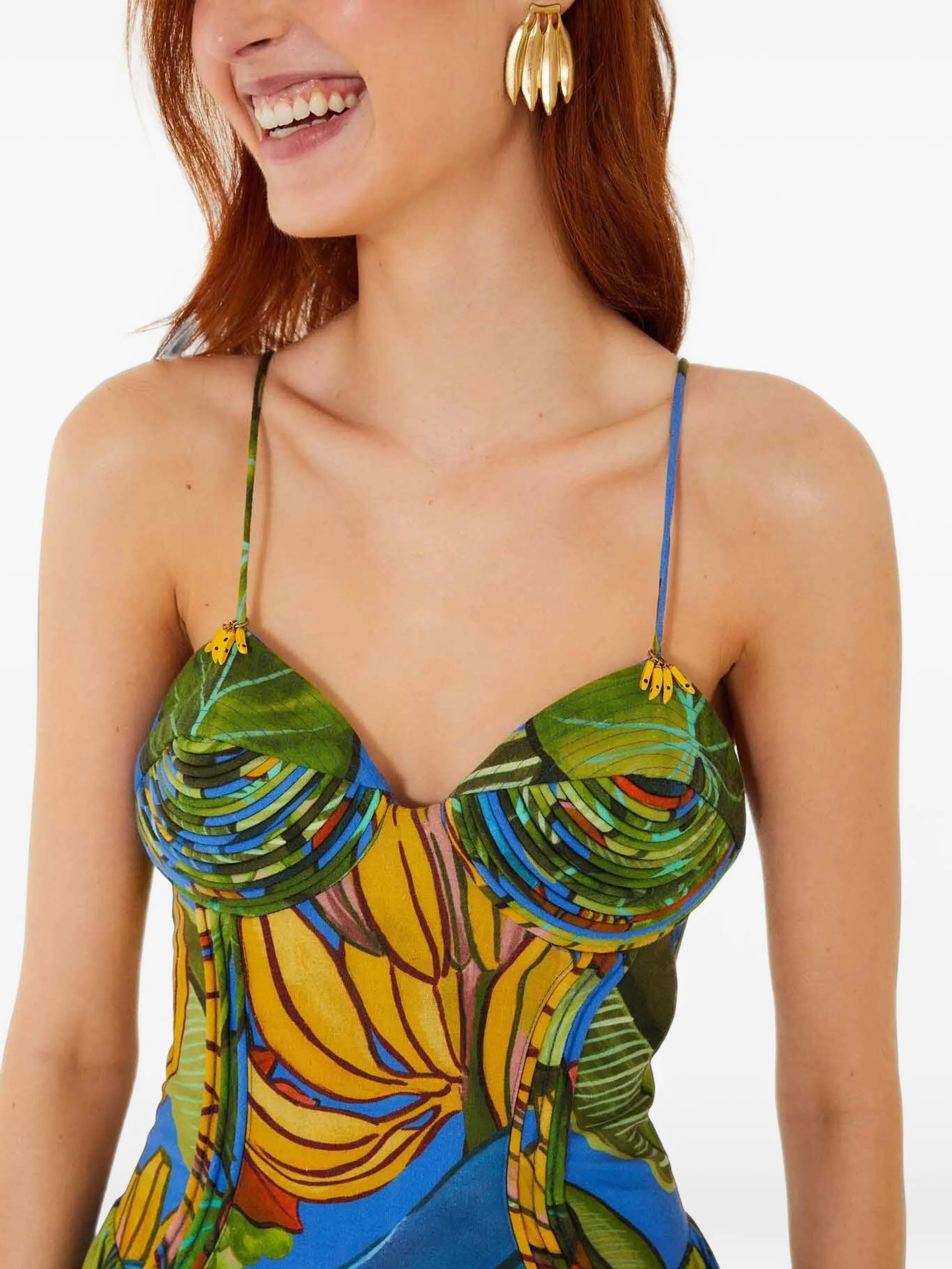 blue banana grapes 3d bodice sleeveless maxi dress