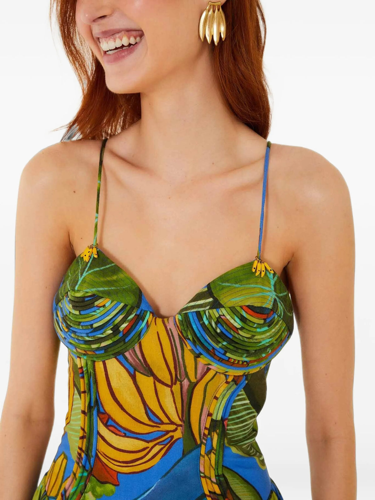 blue banana grapes 3d bodice sleeveless maxi dress
