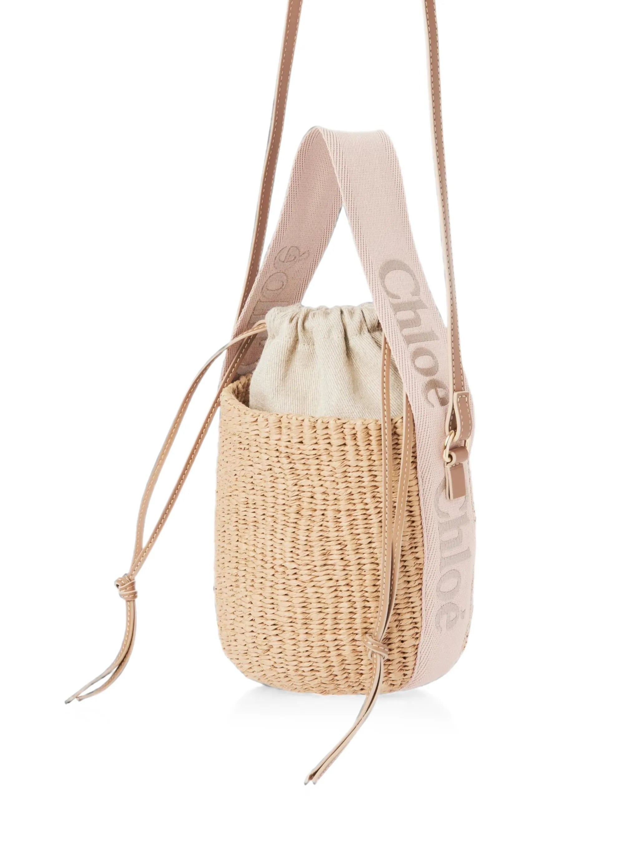 small Woody logo-tape woven bucket bag