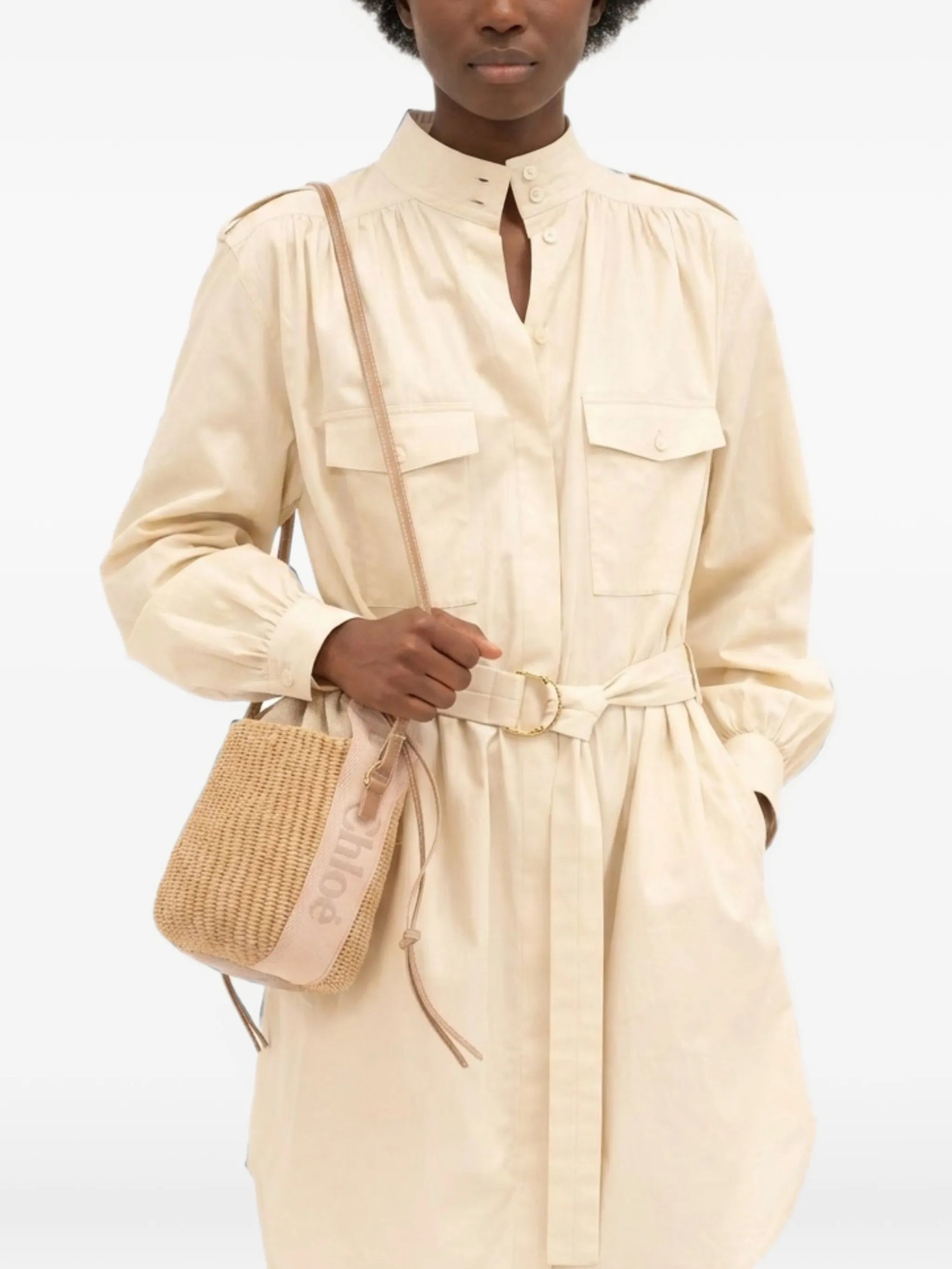 small Woody logo-tape woven bucket bag