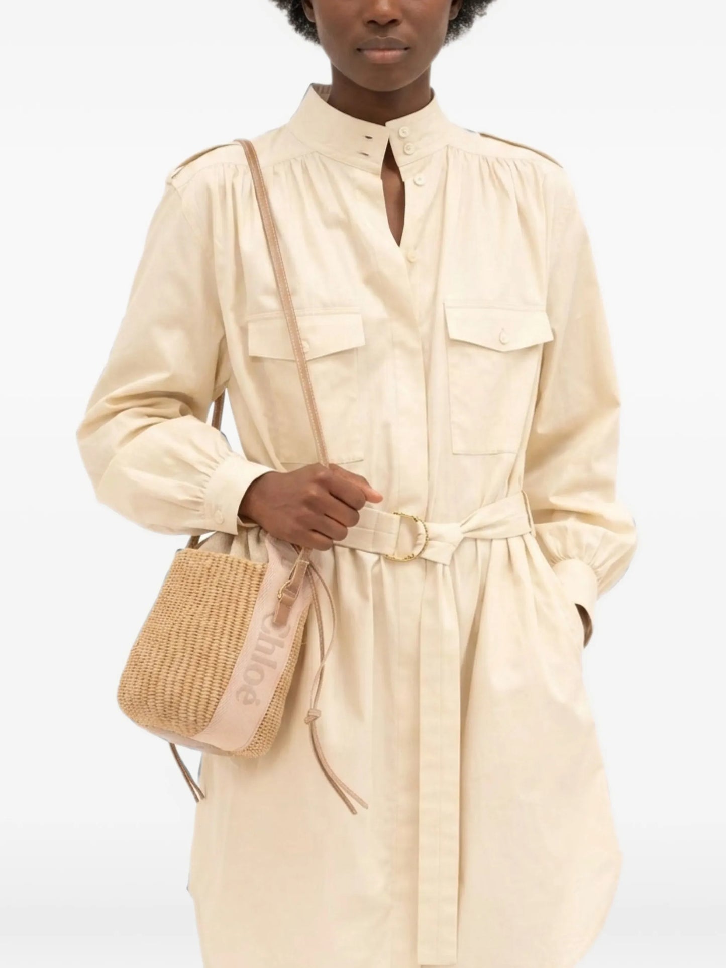 small Woody logo-tape woven bucket bag