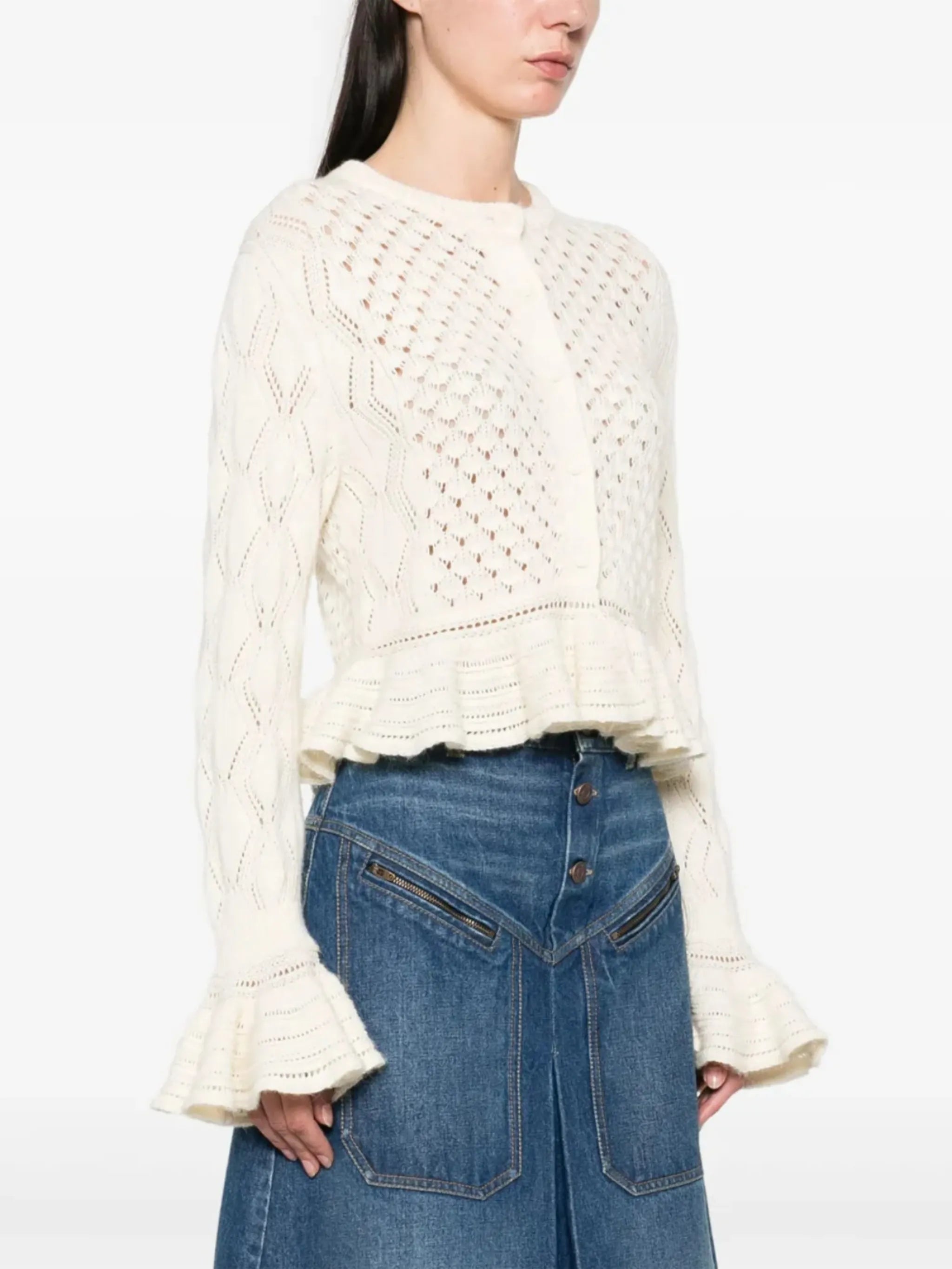 pointelle-knit ruffled cardigan