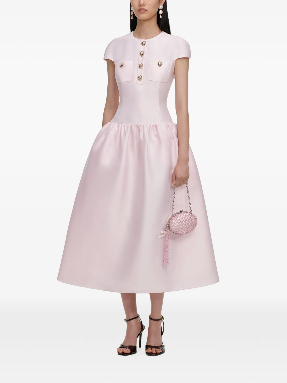 pink taffeta buttoned midi dress