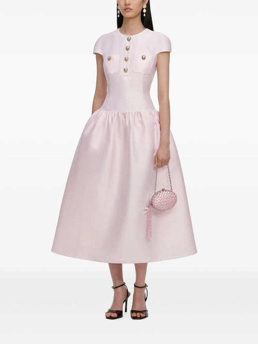 pink taffeta buttoned midi dress