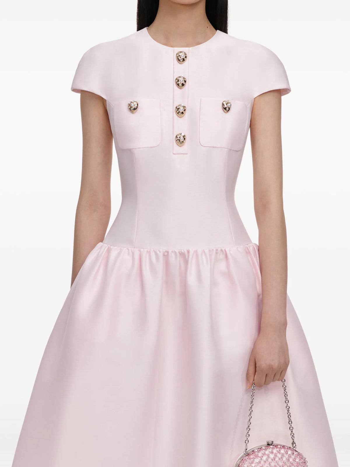 pink taffeta buttoned midi dress