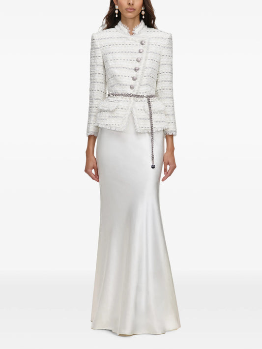 white boucle satin maxi dress