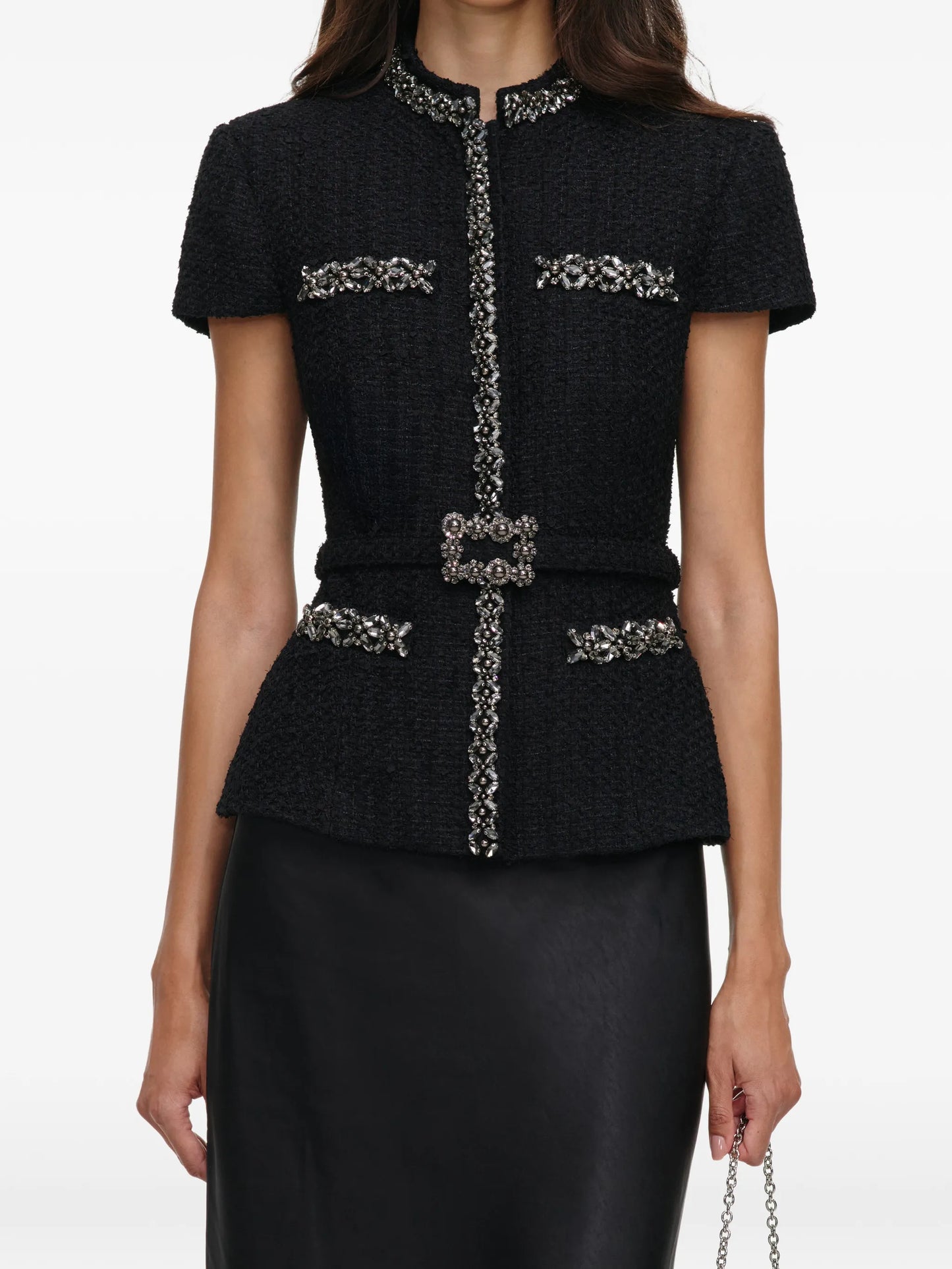 black bouclé crystal-trim satin midi dress