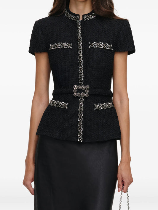 black bouclé crystal-trim satin midi dress