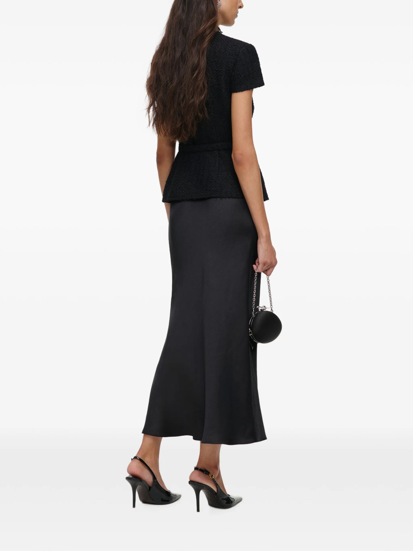 black bouclé crystal-trim satin midi dress