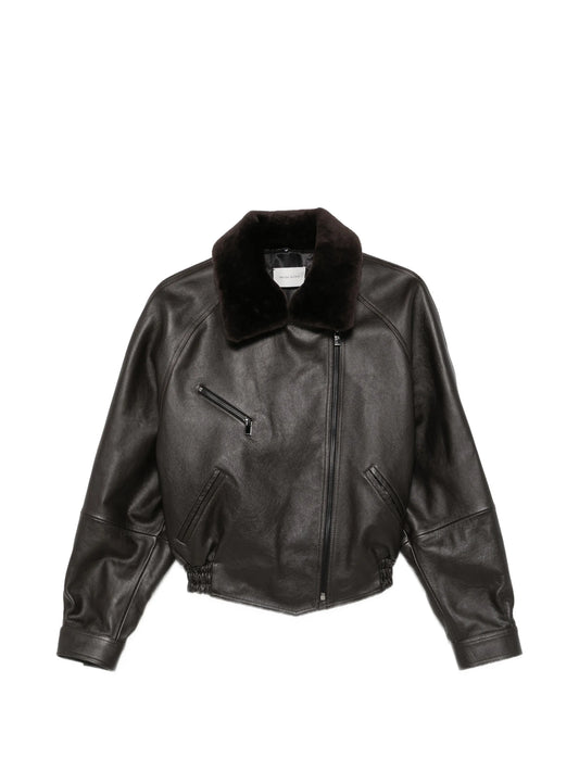 shearling-collar leather jacket