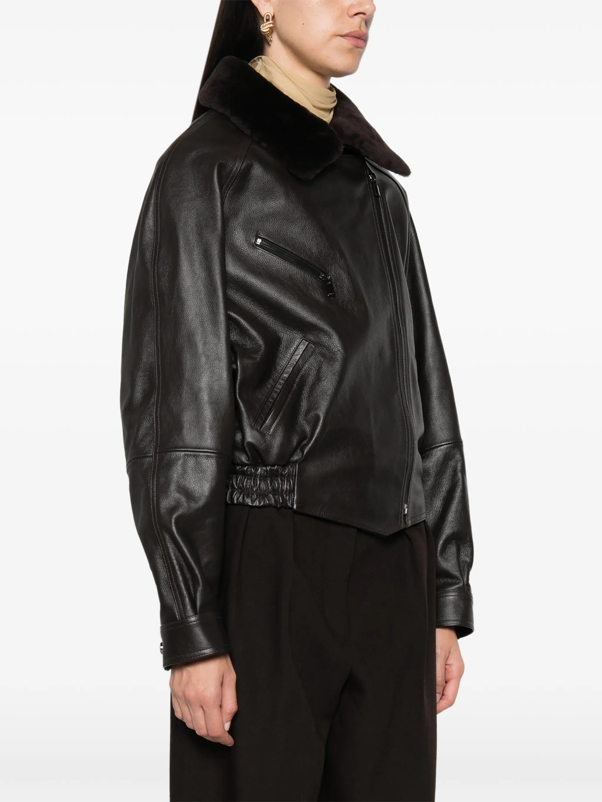 shearling-collar leather jacket