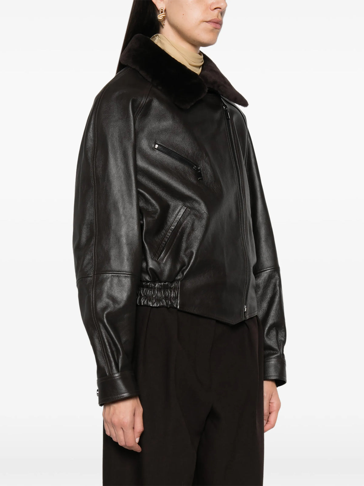 shearling-collar leather jacket