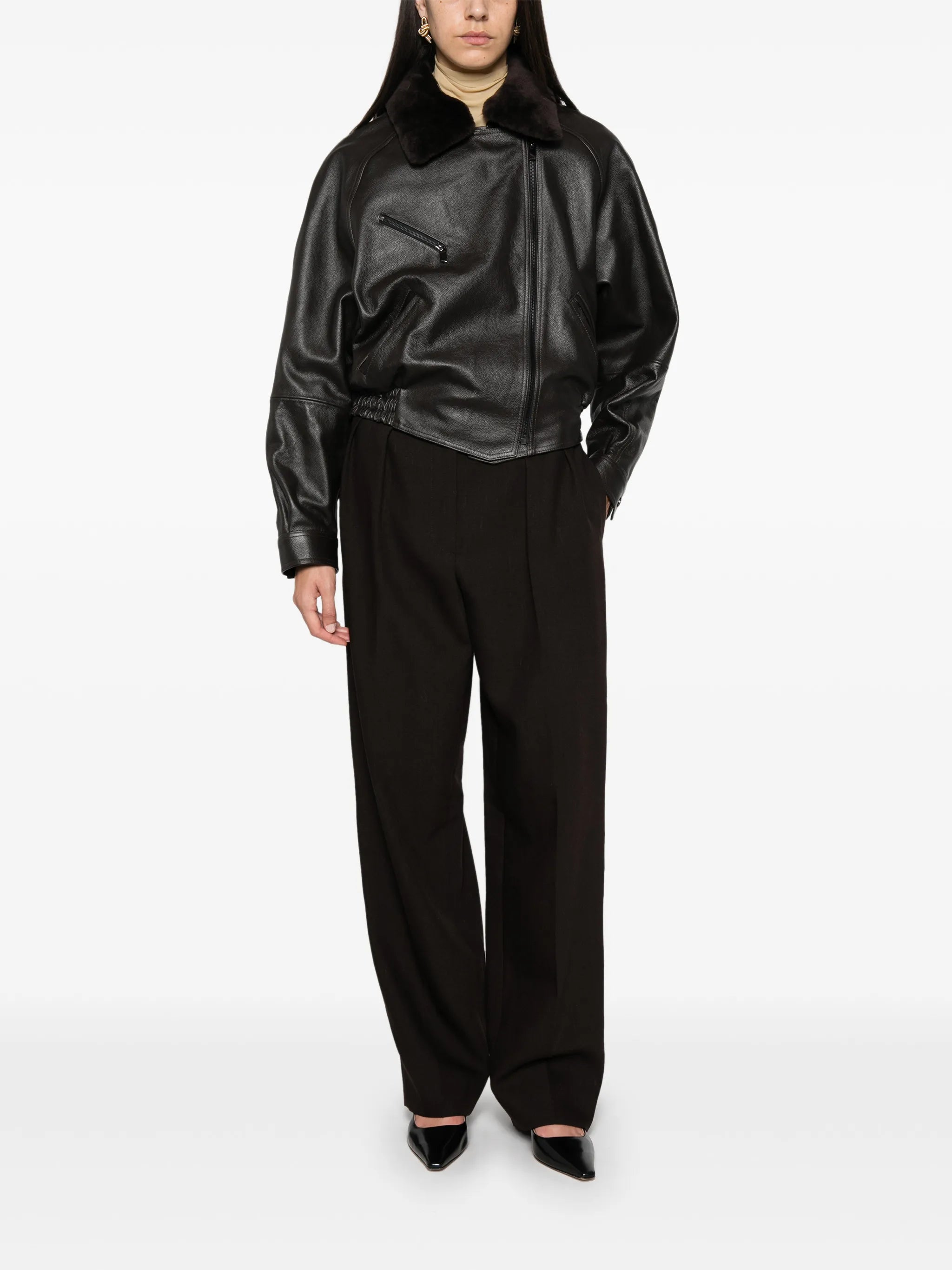 shearling-collar leather jacket