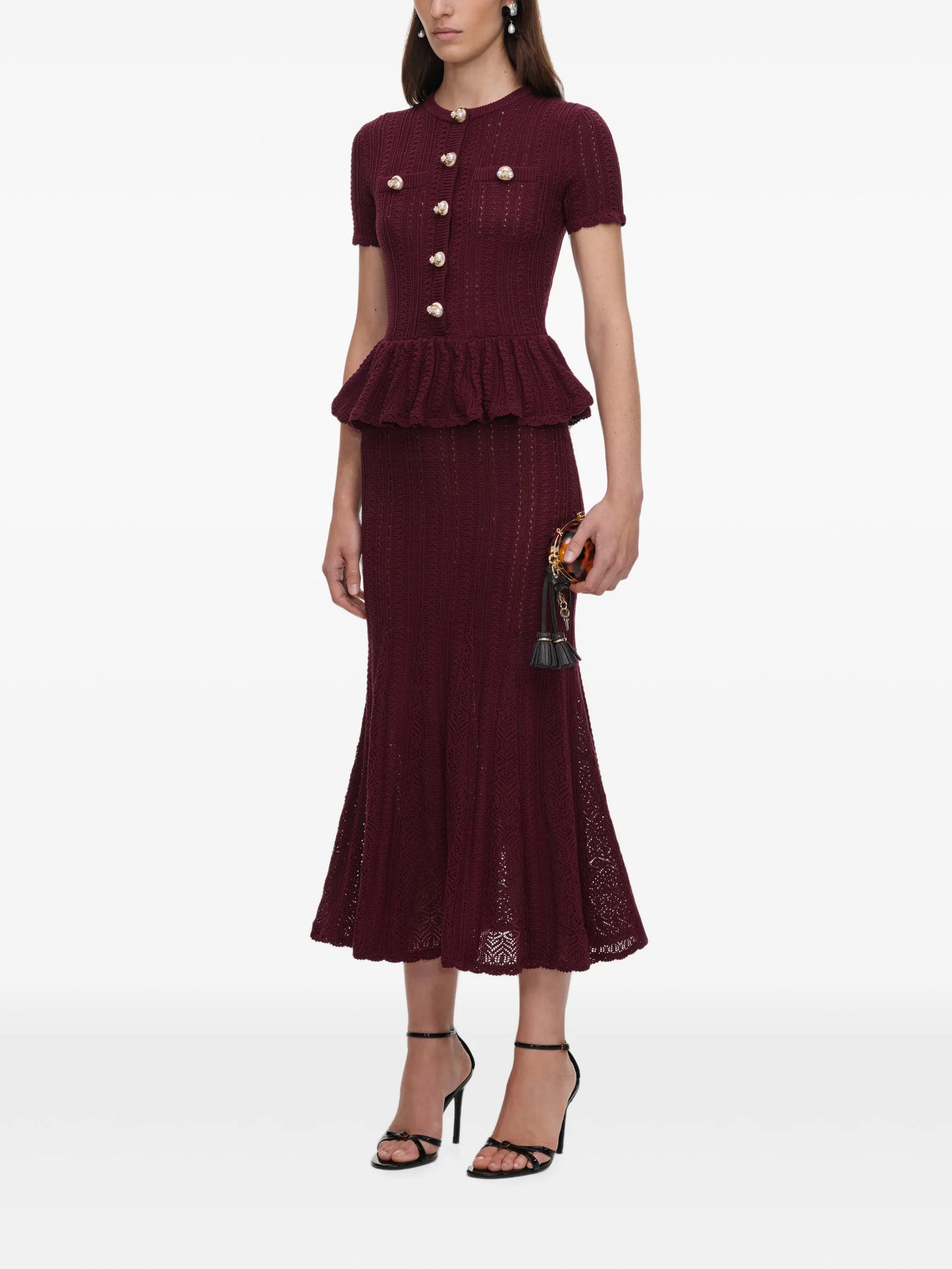 peplum pointelle-knit midi dress