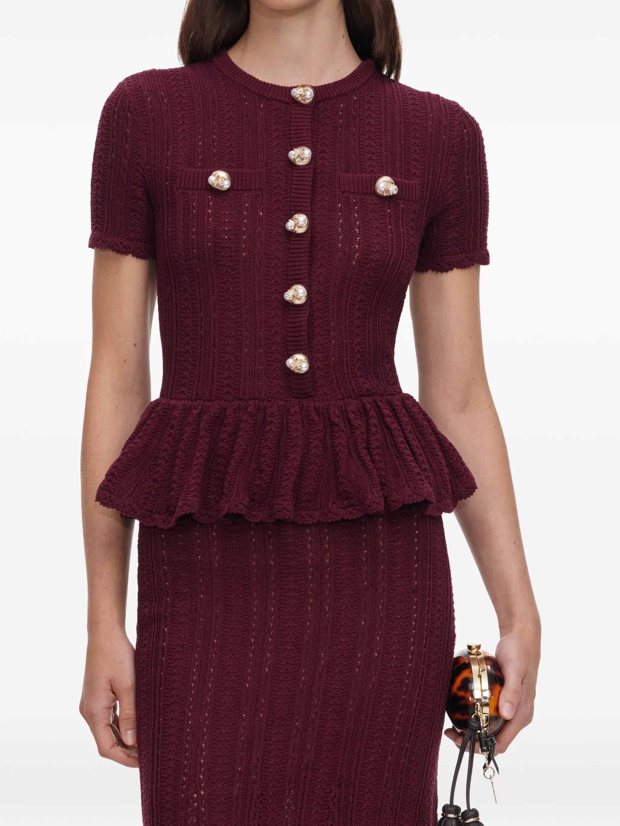 peplum pointelle-knit midi dress