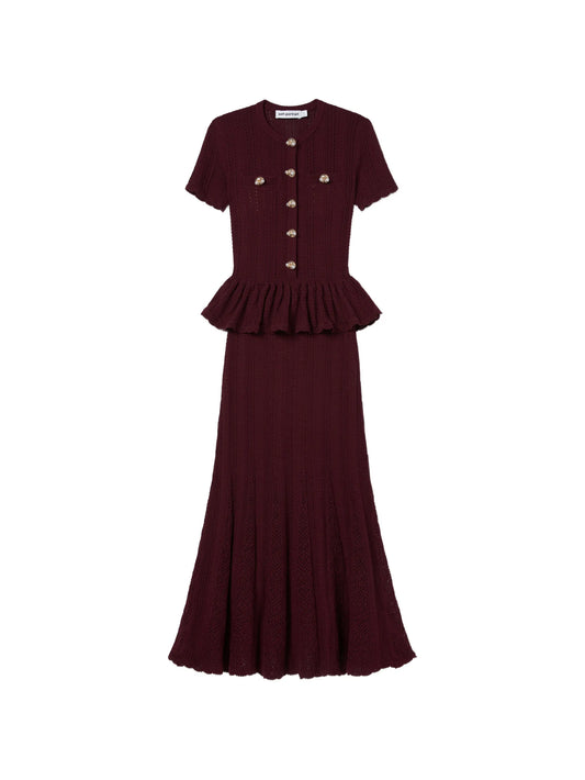 burgundy pointelle peplum knit midi dress