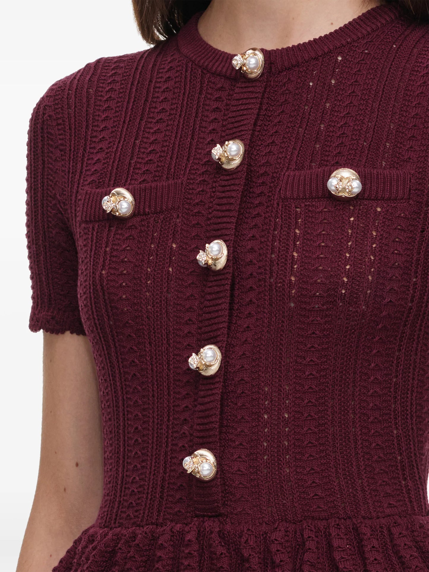 peplum pointelle-knit midi dress