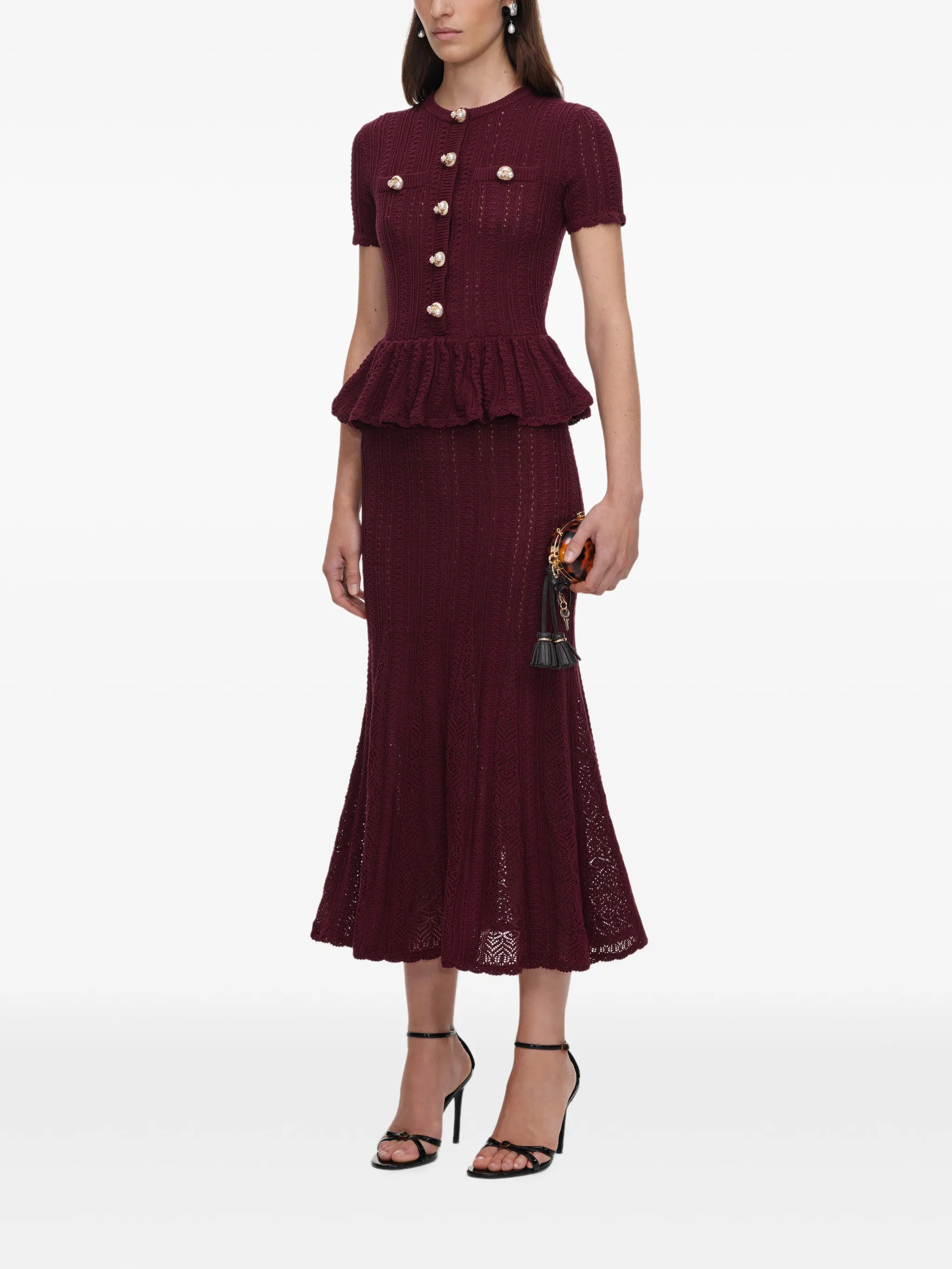 peplum pointelle-knit midi dress