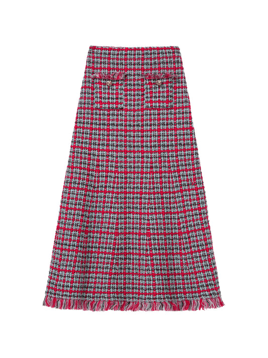 red check frayed knit midi skirt