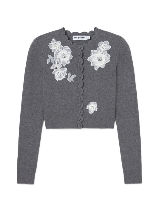 grey lace-flower knit cardigan