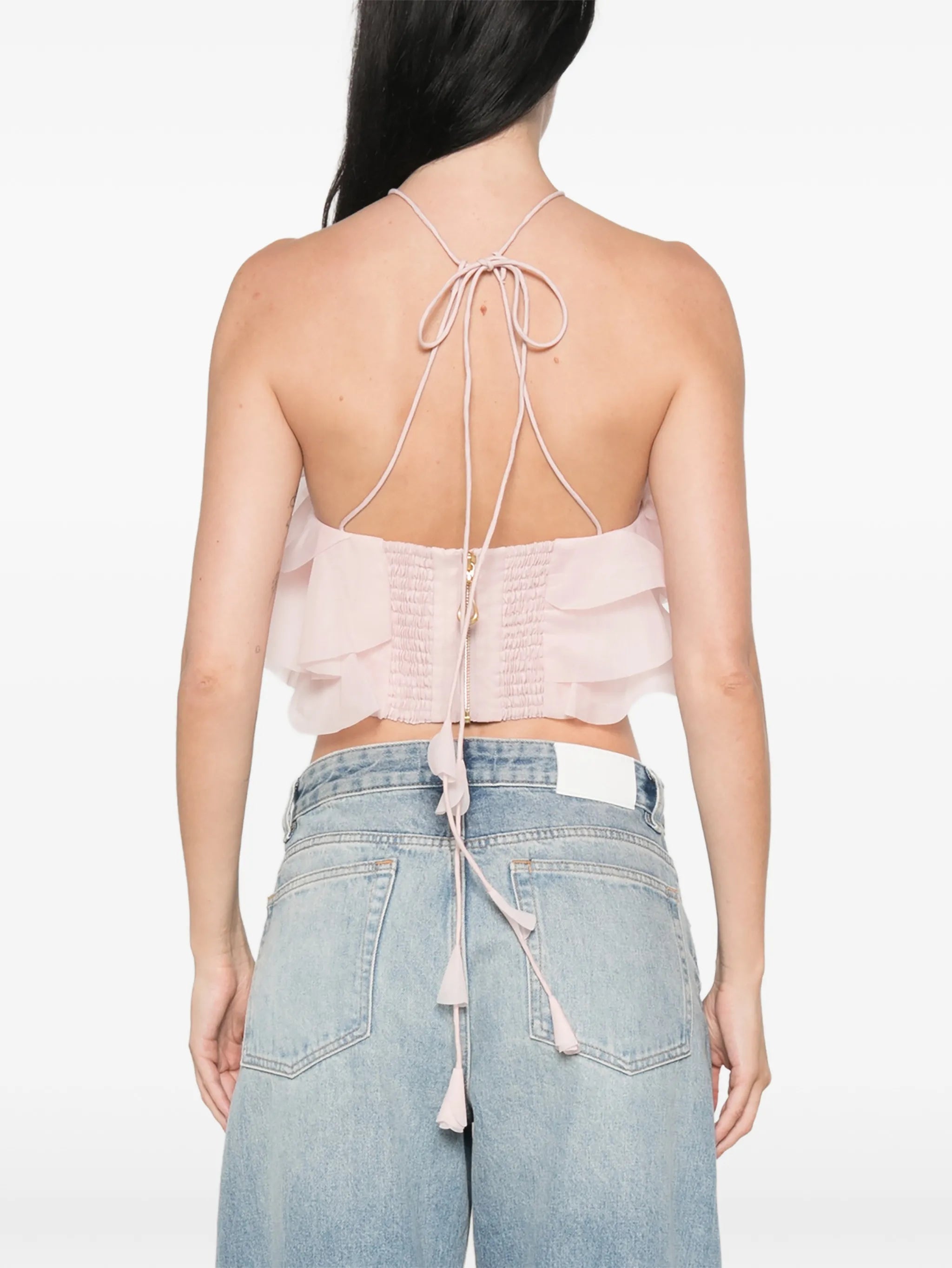 Villa ruffled floral-appliqué top