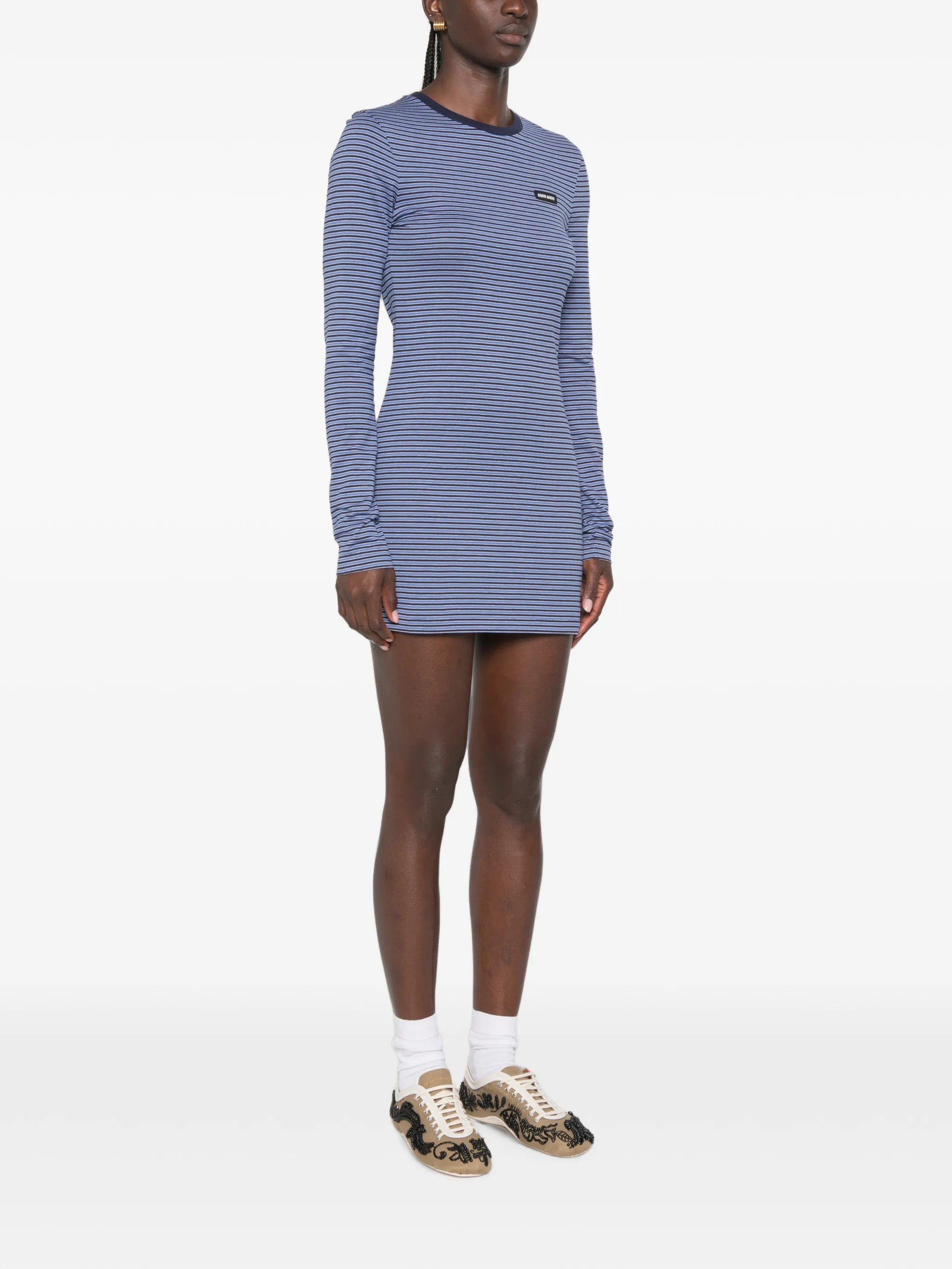 striped-pattern logo-patch mini dress