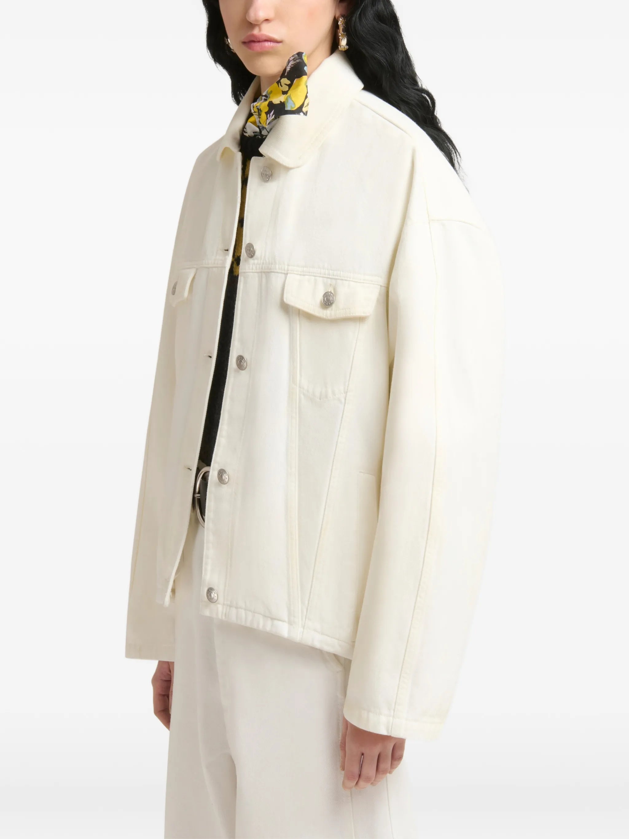 white denim jacket with martingale