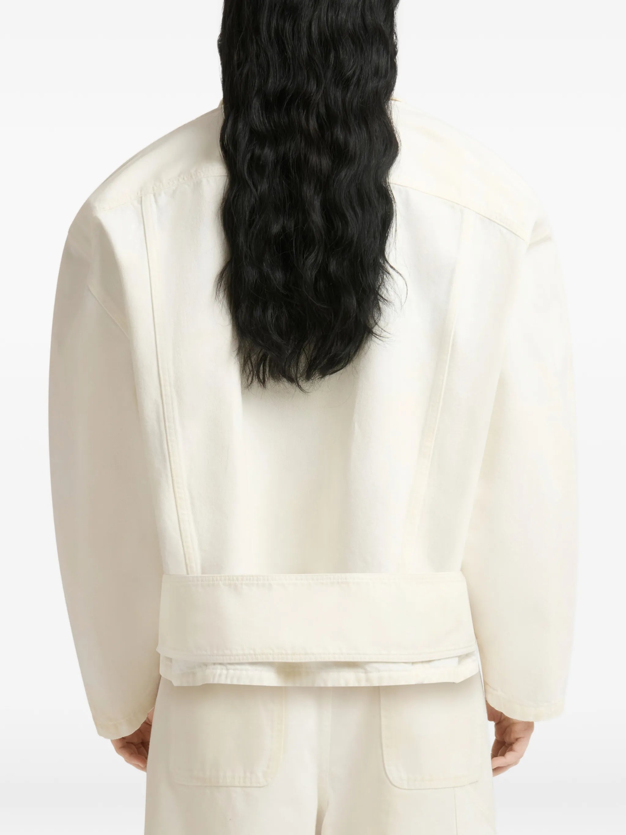 white denim jacket with martingale