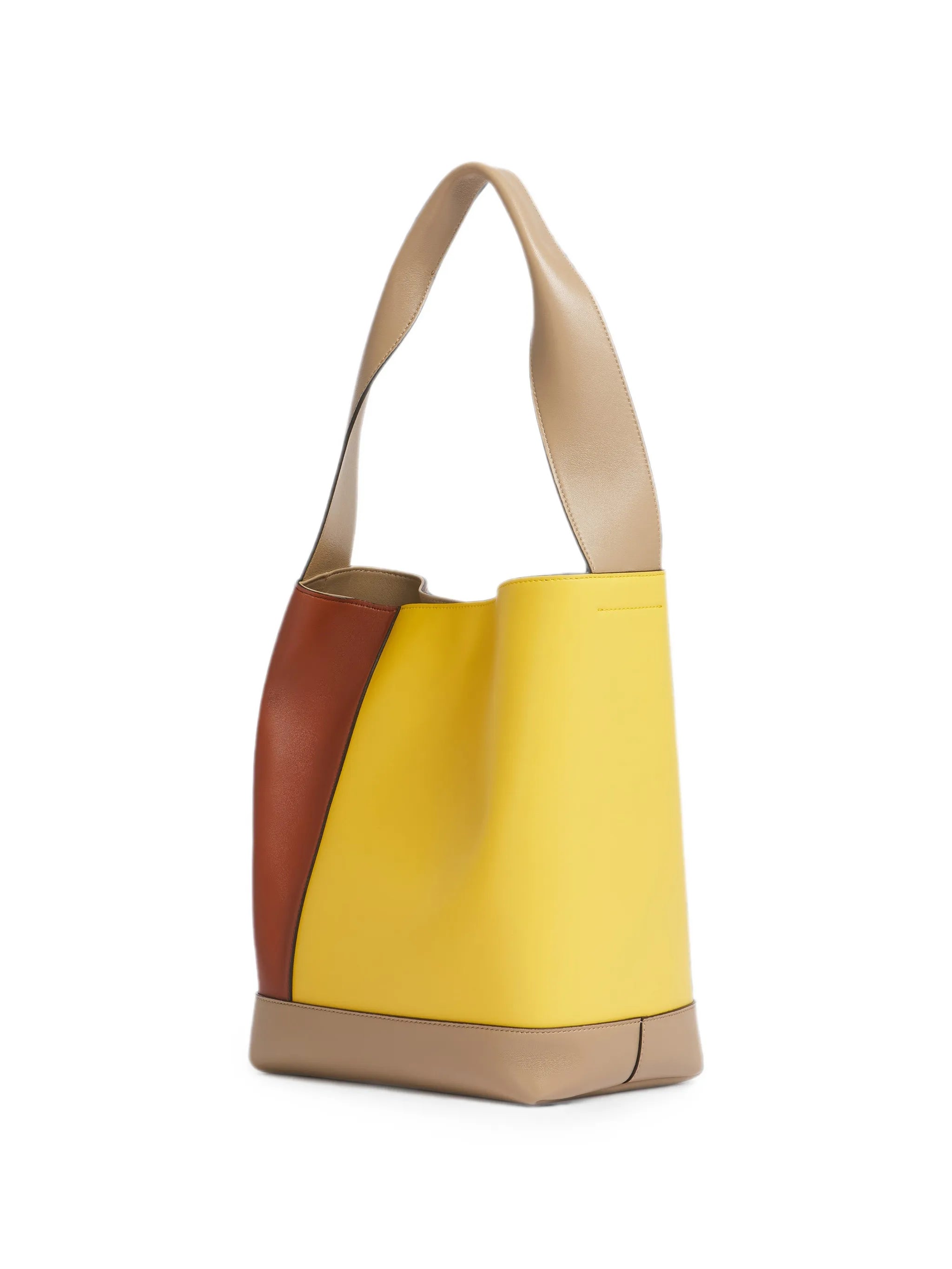 yellow, brown and taupe leather Pod 2.0 bag