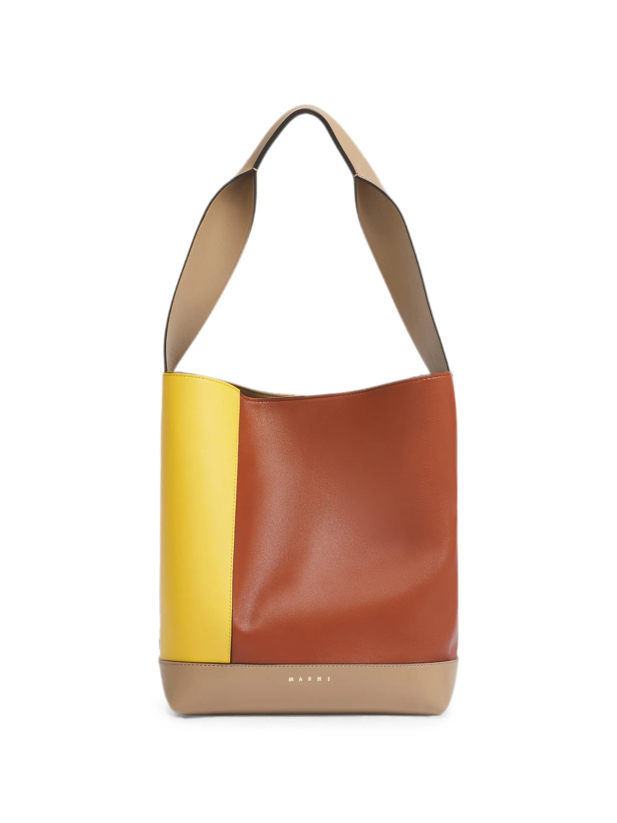 yellow, brown and taupe leather Pod 2.0 bag