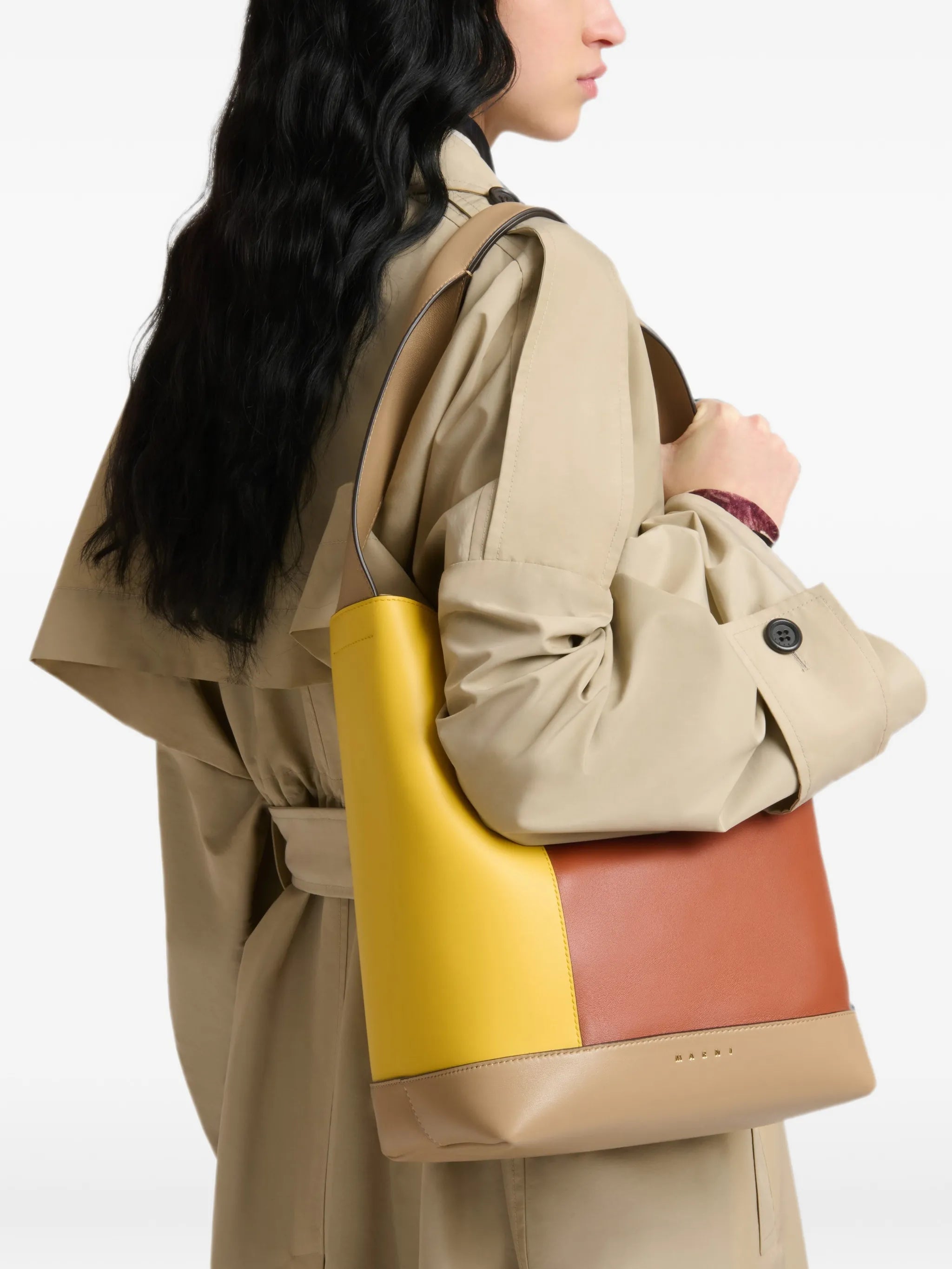 yellow, brown and taupe leather Pod 2.0 bag