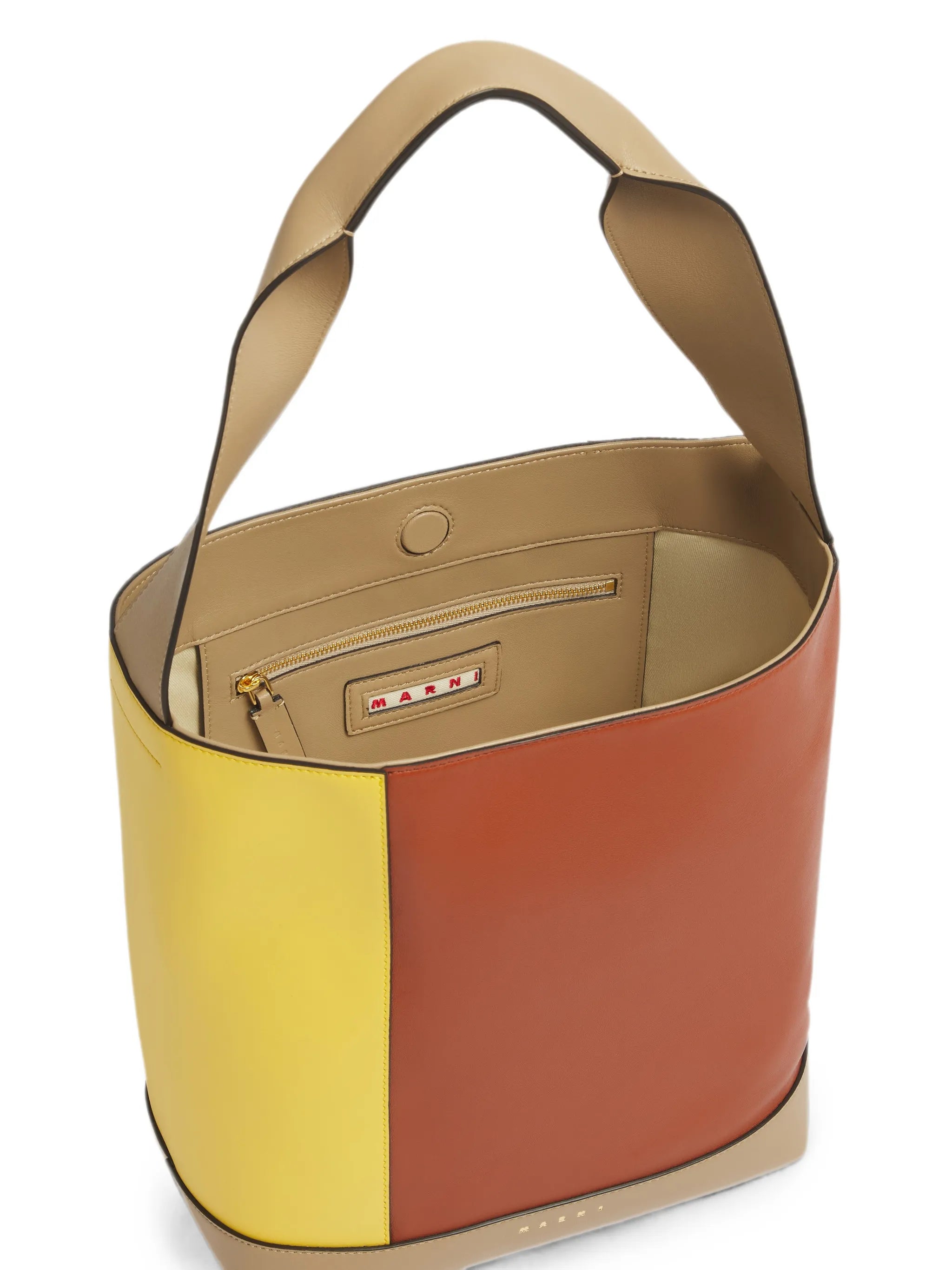 yellow, brown and taupe leather Pod 2.0 bag