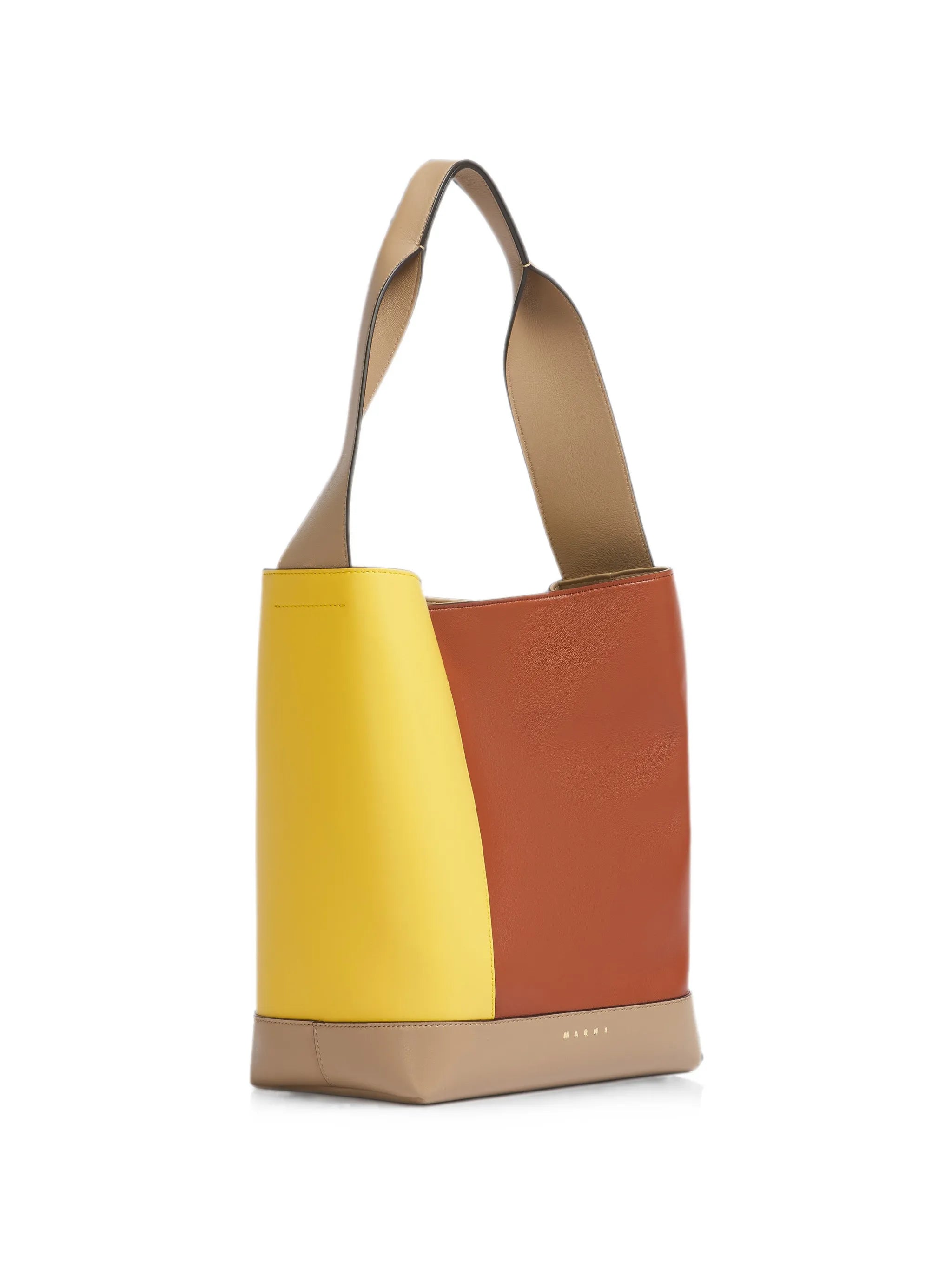 yellow, brown and taupe leather Pod 2.0 bag