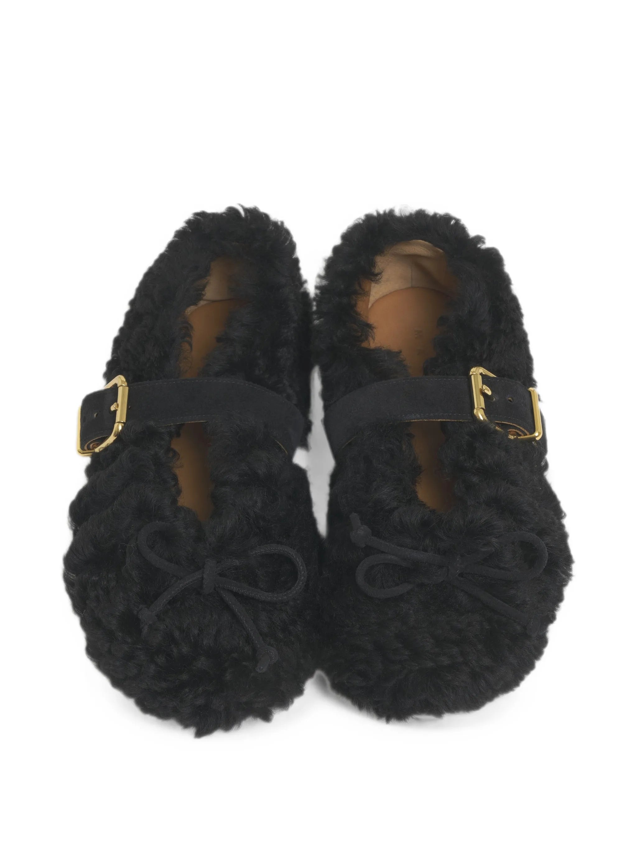 black shearling ballerinas with buckle