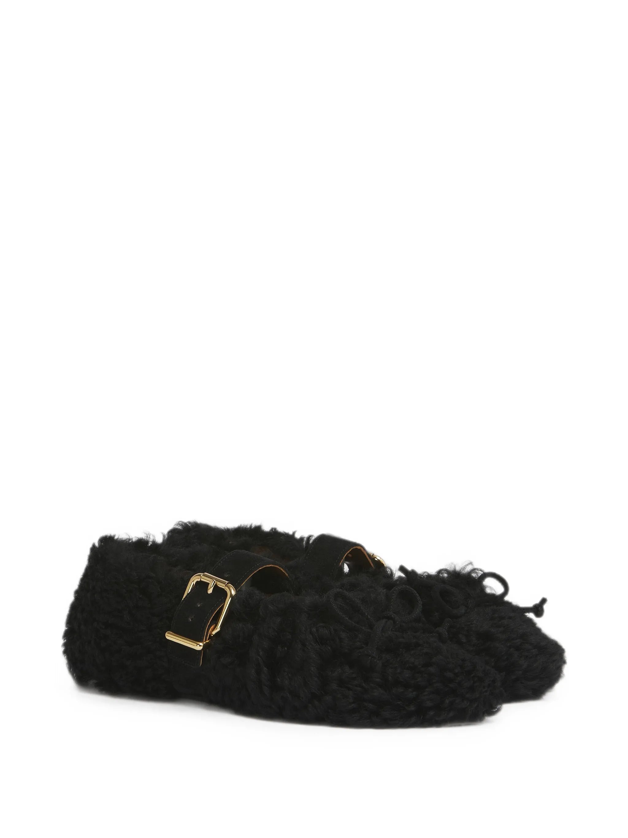 black shearling ballerinas with buckle