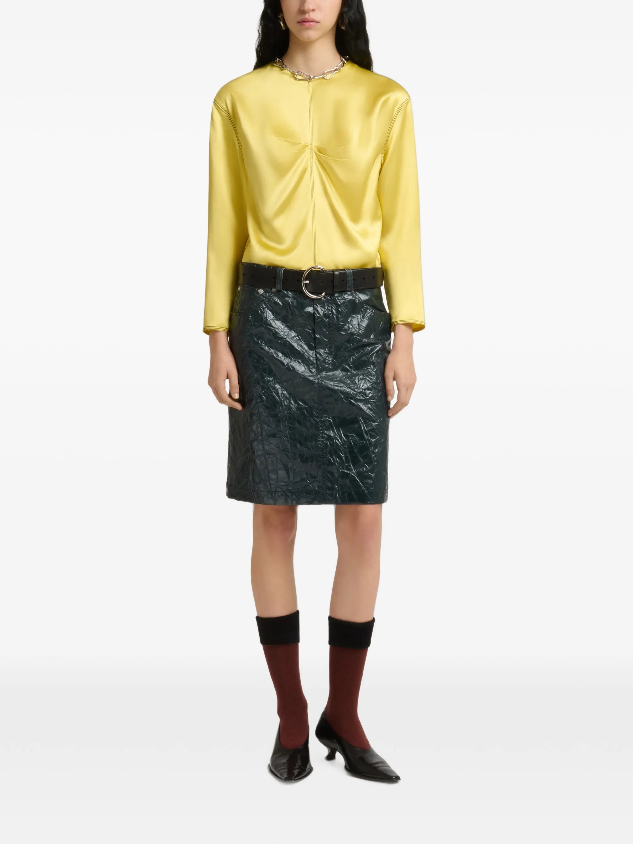 crinkled-texture five-pocket skirt