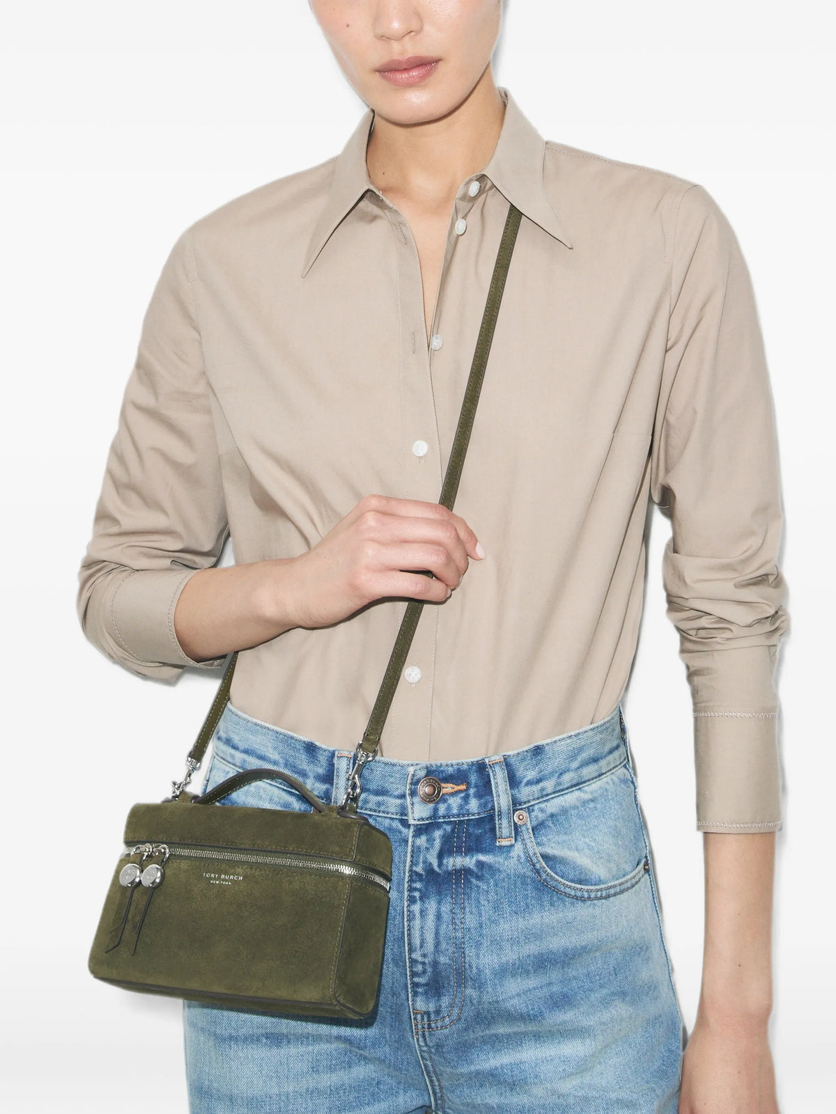 Romy suede slim top handle bag