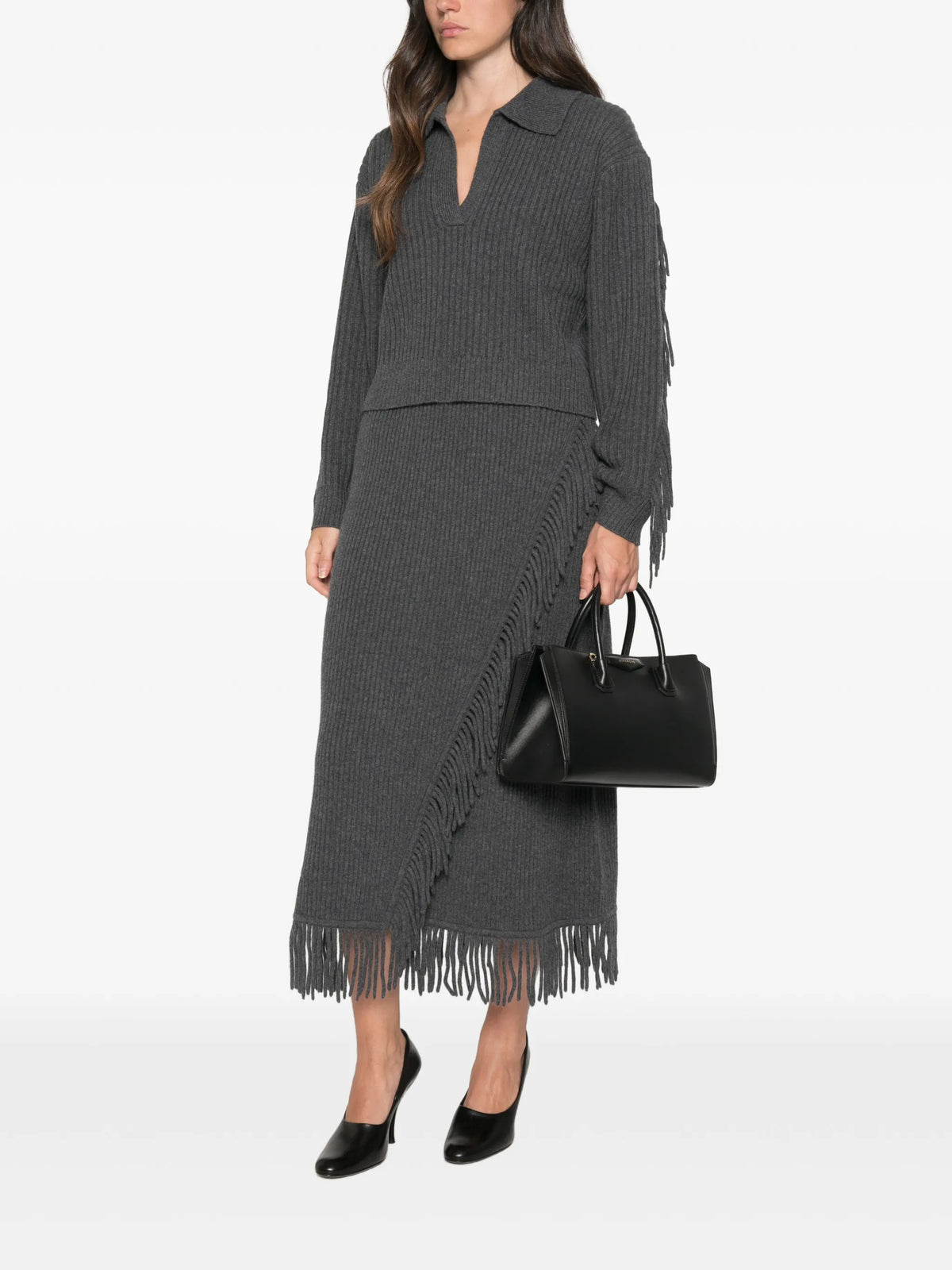 Casey fringe-trim ribbed midi skirt
