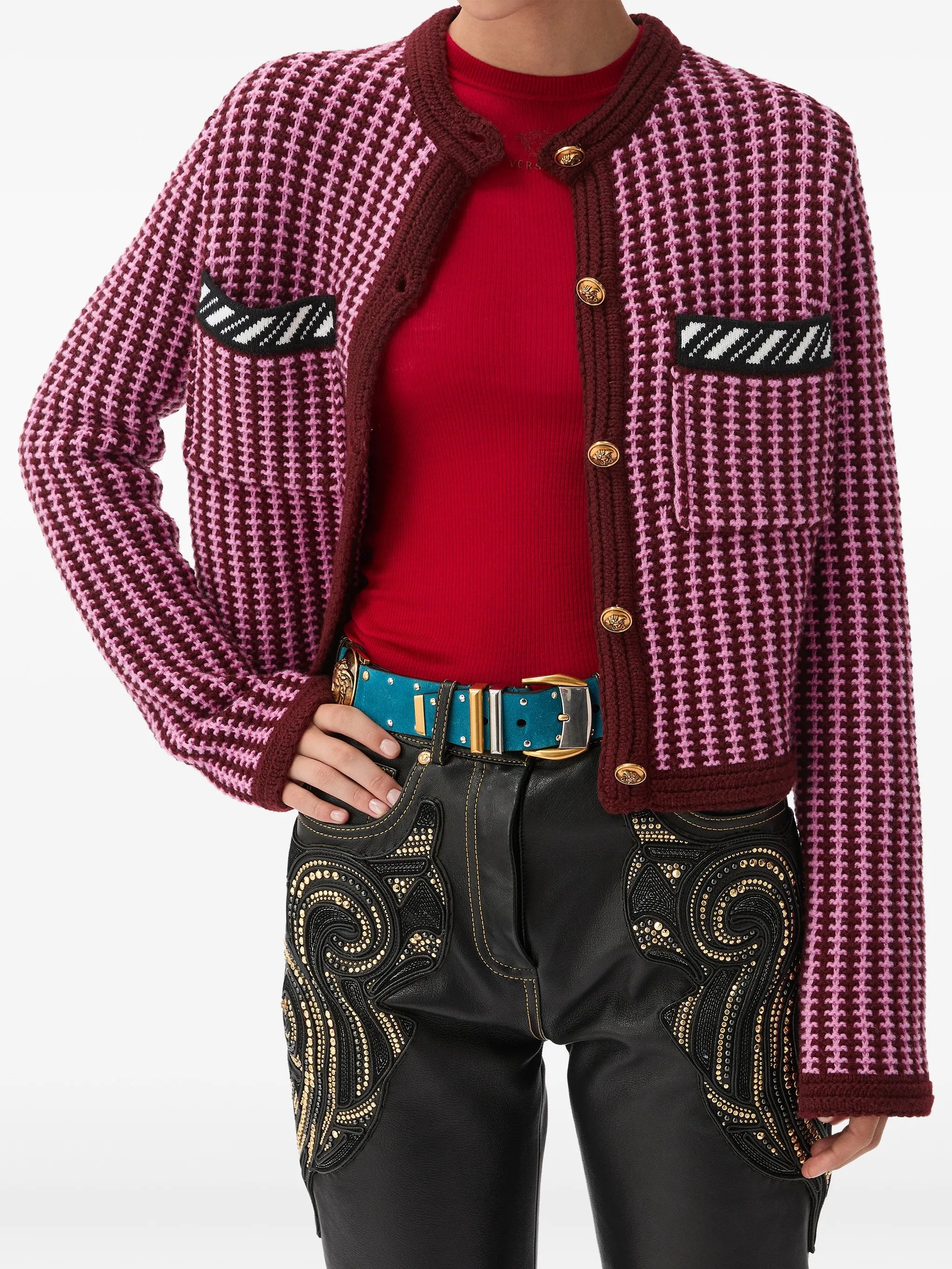wool crochet-stitch knit cardigan