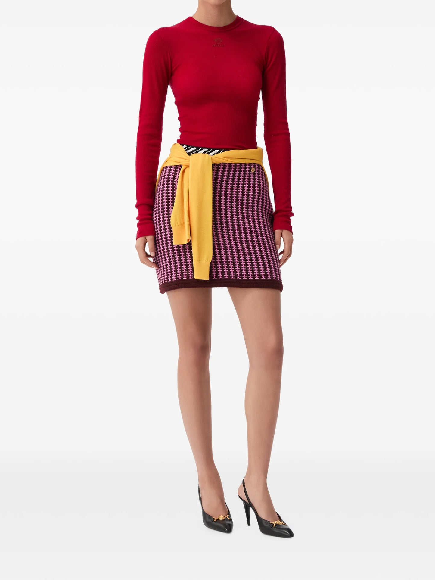 wool crochet-stitch knit mini skirt