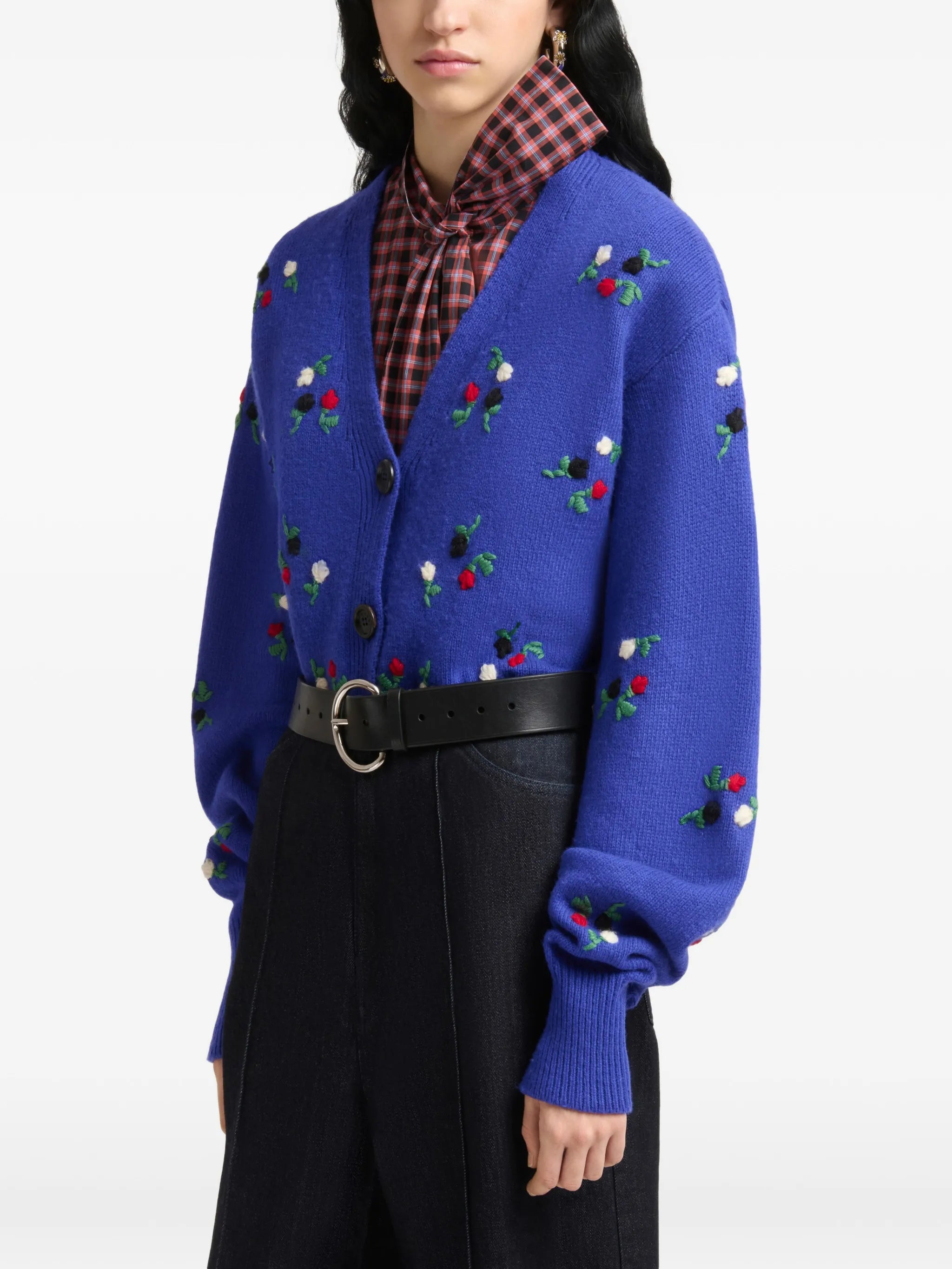 flower-embroidered balloon-sleeve cardigan