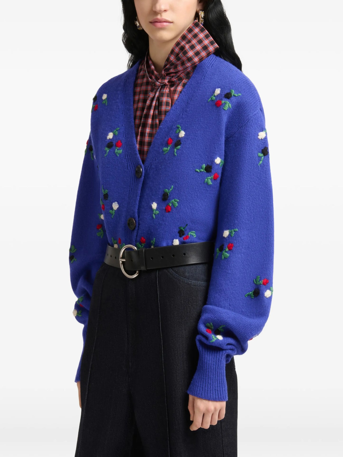flower-embroidered balloon-sleeve cardigan