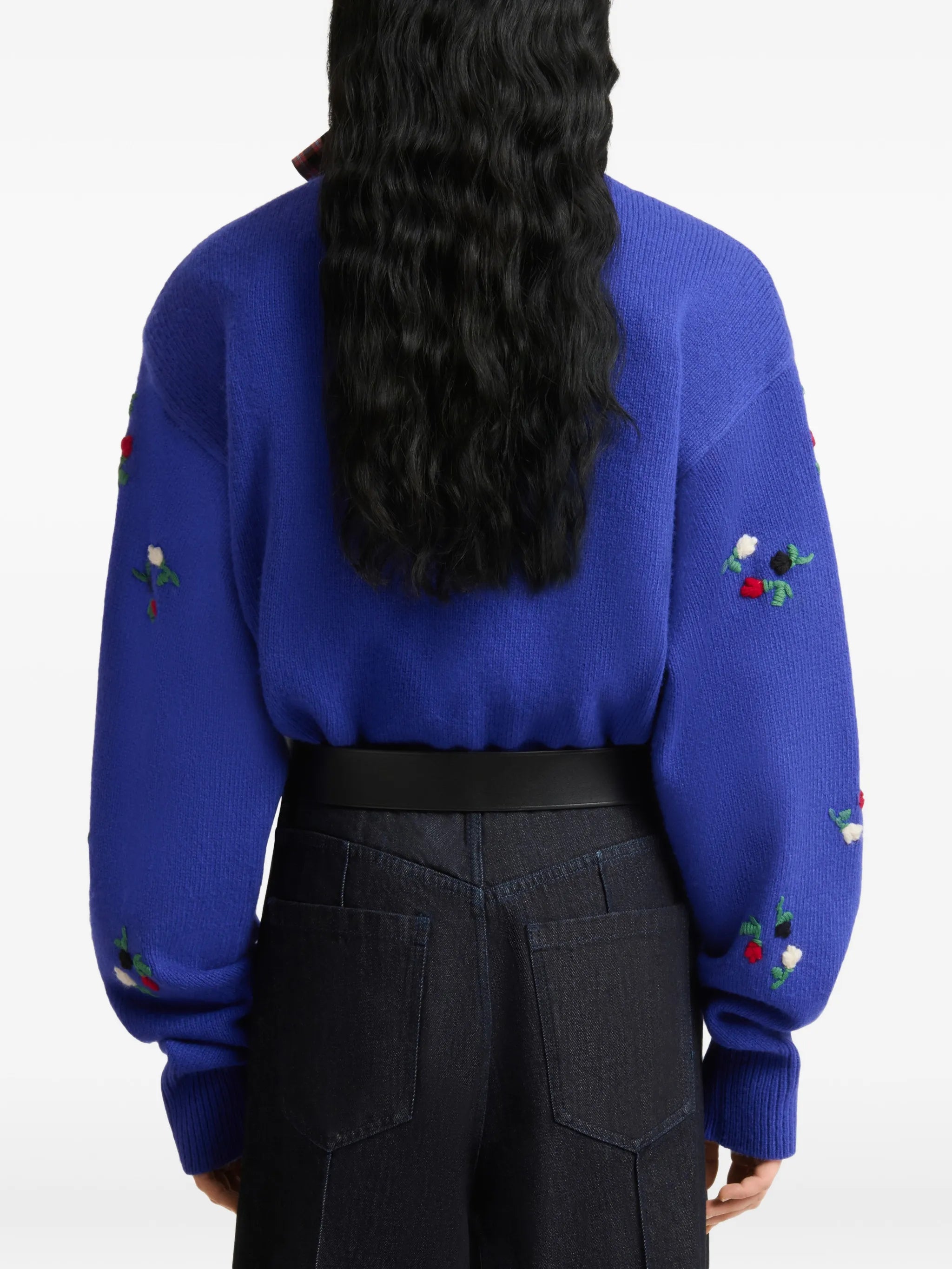 flower-embroidered balloon-sleeve cardigan