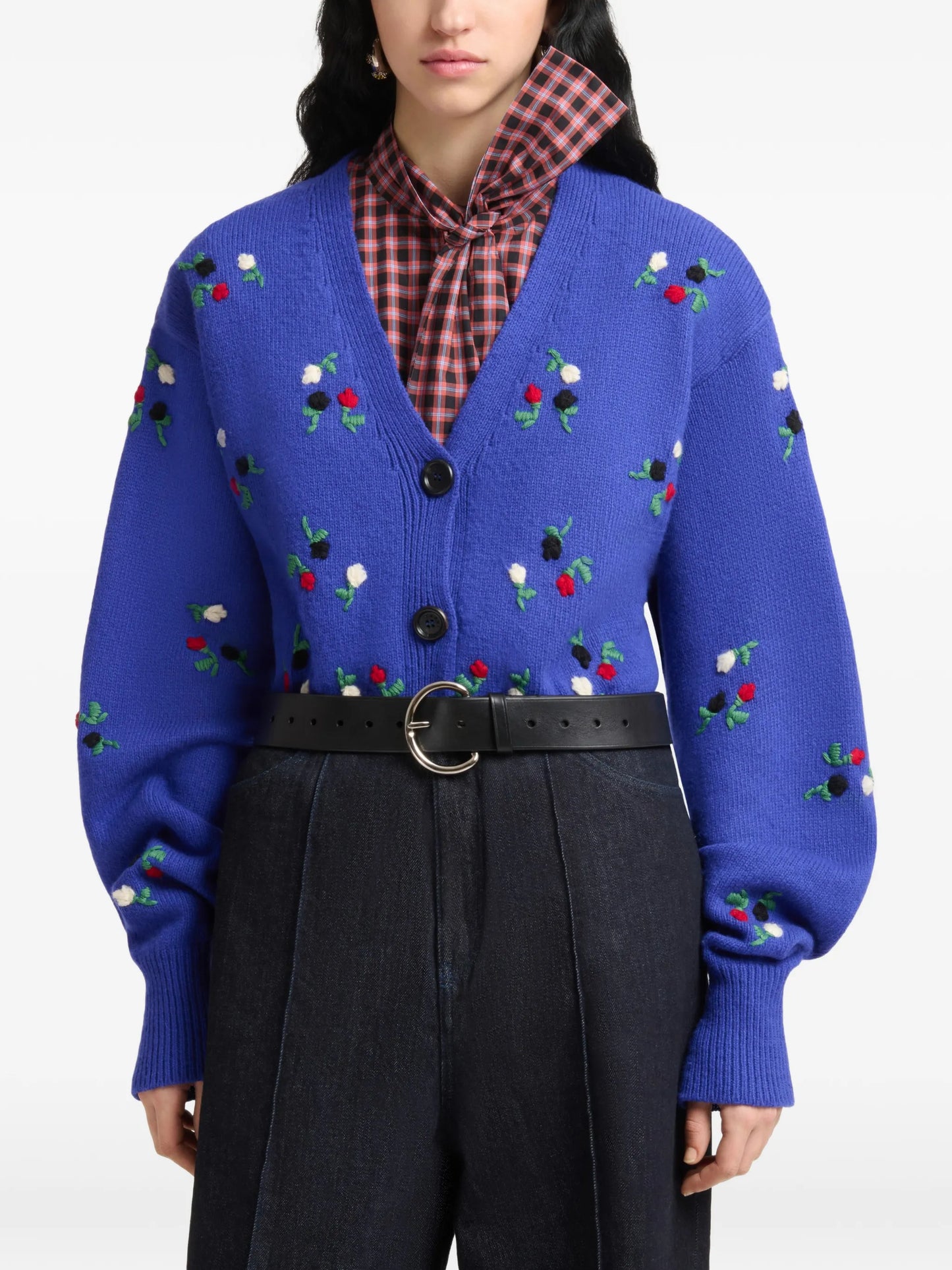flower-embroidered balloon-sleeve cardigan
