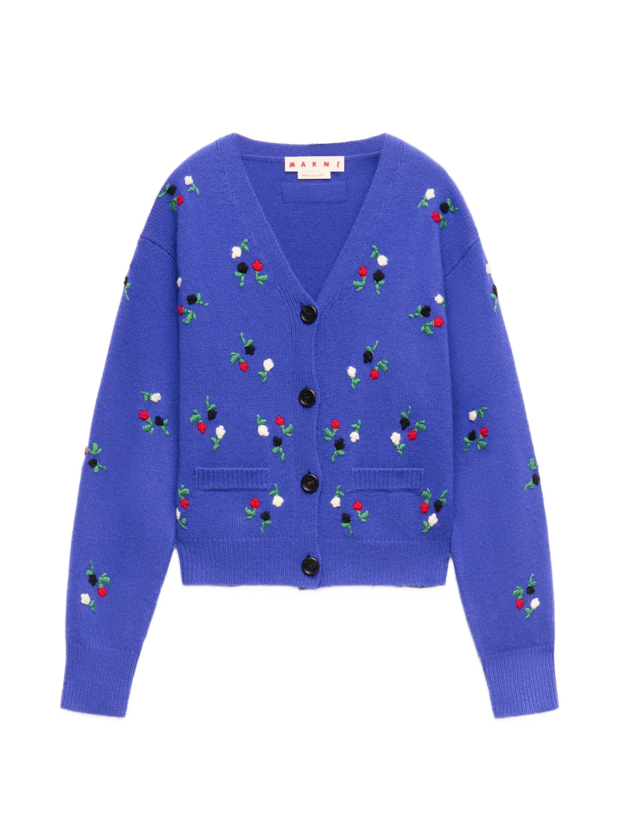 flower-embroidered balloon-sleeve cardigan