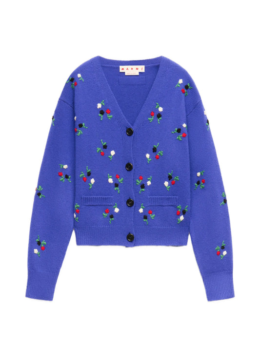 flower-embroidered balloon-sleeve cardigan