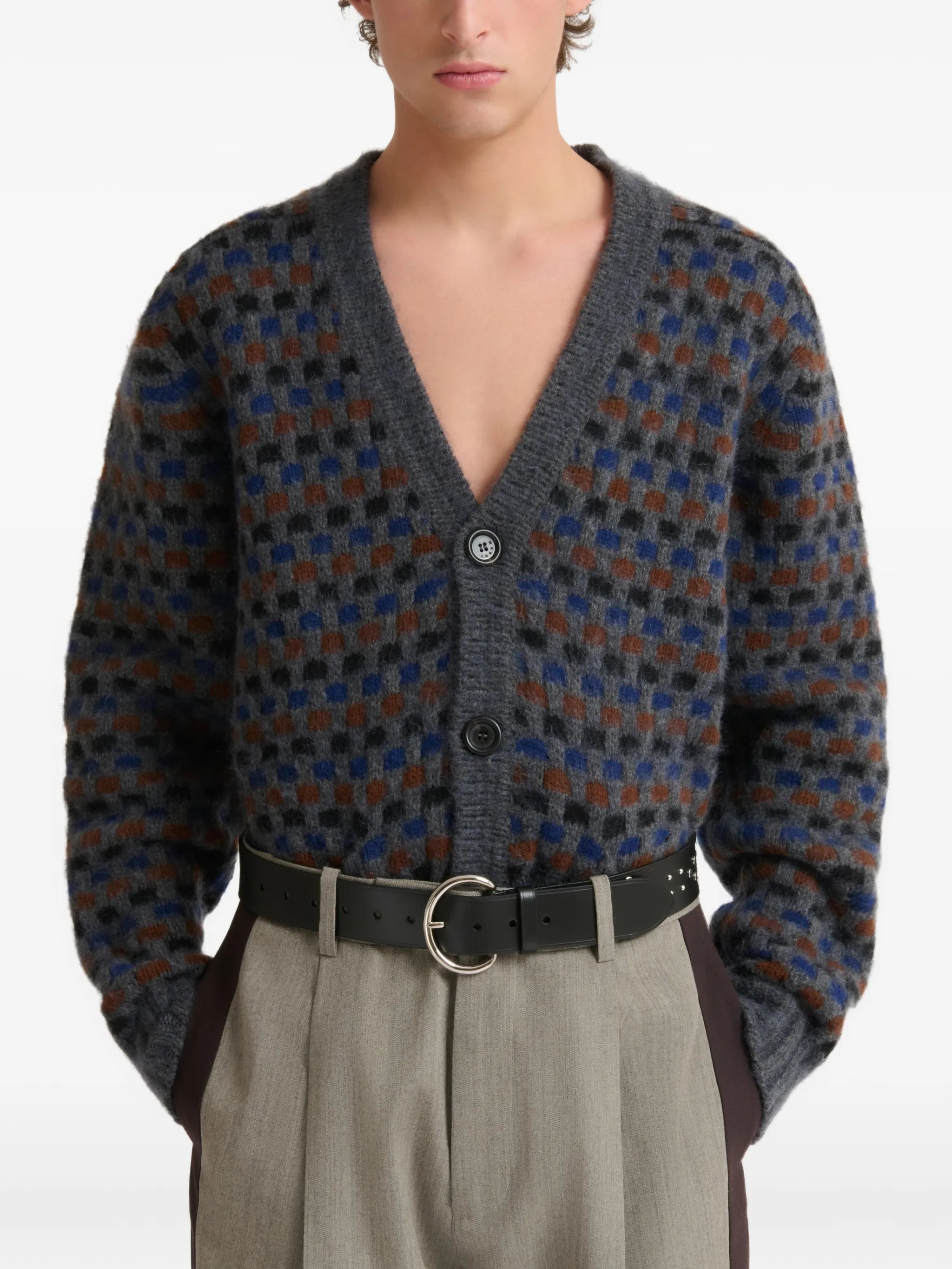gray and blue Shetland wool jacquard cardigan
